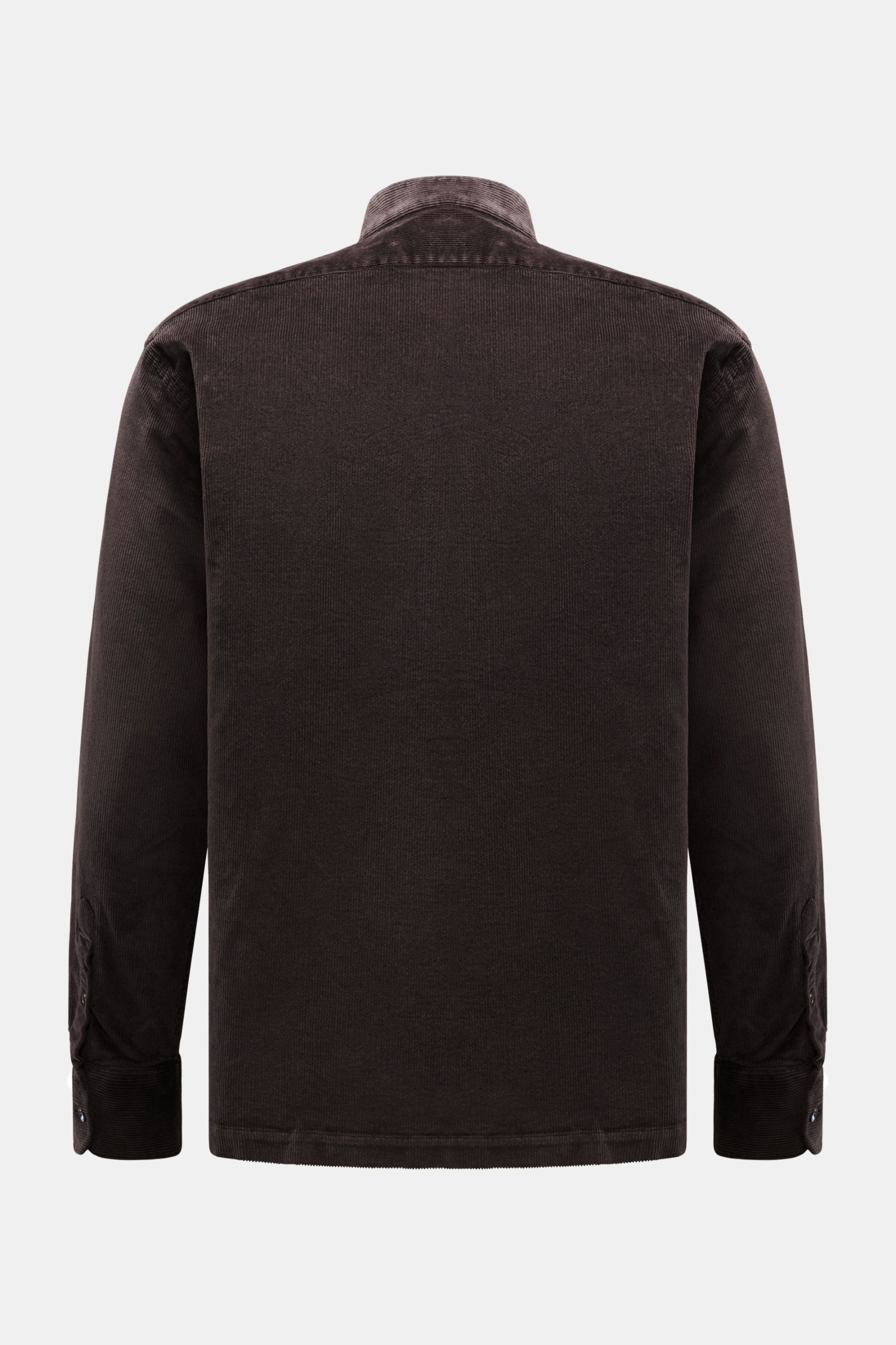 Dunkelbraunes 04651/ A trip in a bag Popover-Cordhemd Grandad-Kragen, Regular Fit, weicher Griff, Sportmanschette, gerader Saum, Rückansicht.