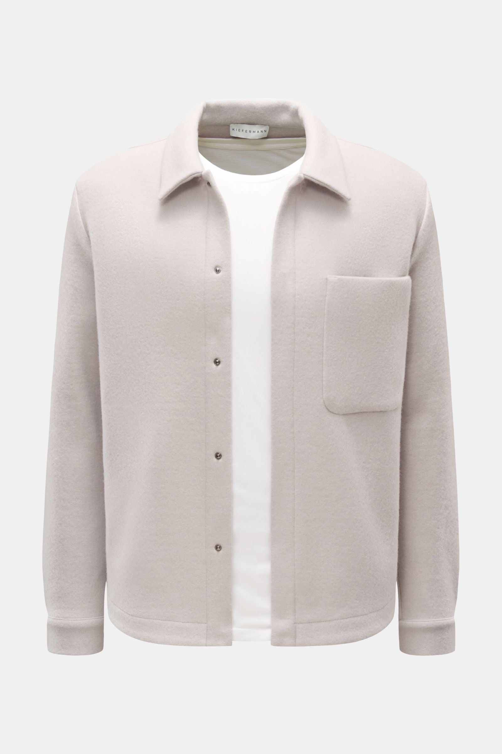 Front view of Kiefermann Overshirt 'Elijaz' hellgrau in light gray, made of wool and high-quality microfiber jersey, soft touch, felted, brushed quality, slim fit, concealed snap button placket, turn-down collar, patch chest pocket, cuffs with snap button