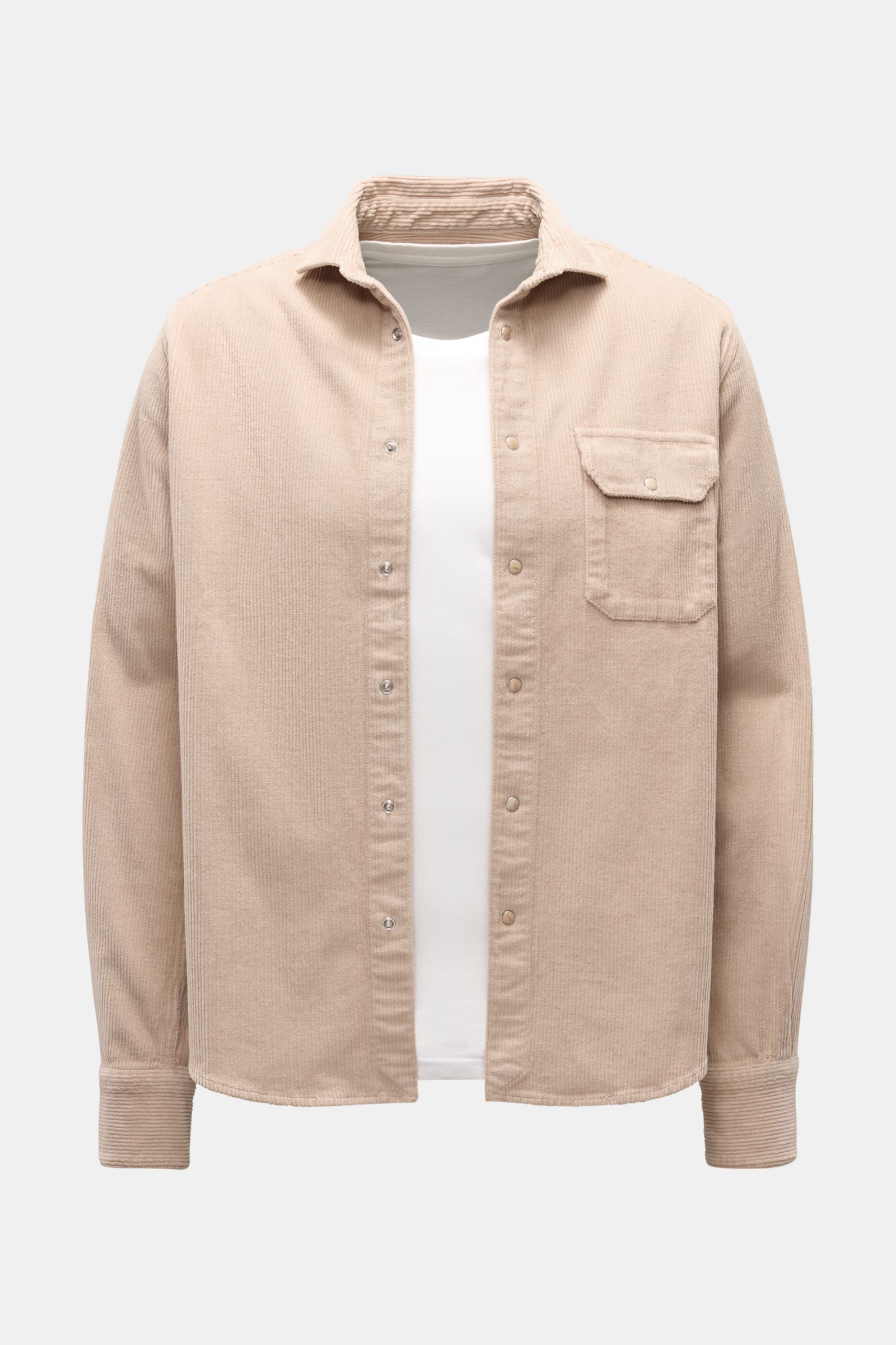 Front view of the Ace Denim Cord-Overshirt beige made of pure cotton corduroy, featuring a soft touch, regular fit, collar, snap button placket, flap chest pocket, cuffed sleeves, back yoke with hanger, and slightly rounded hem.

The additional content yo