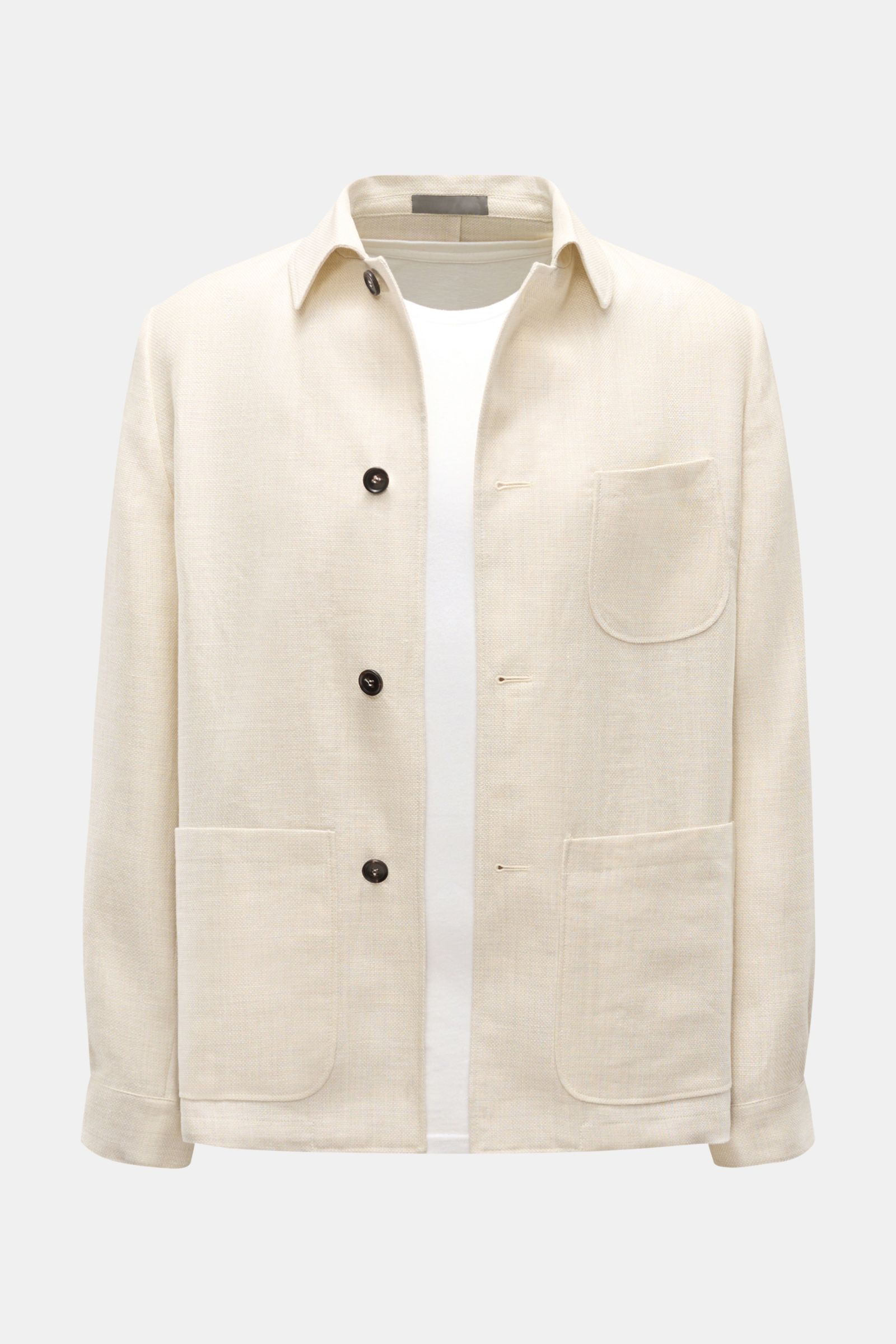 Corneliani Overshirt sand meliert in Slim Fit, Frontansicht, Panama aus Leinen und Wolle, Umlegekragen, vier Knöpfe, drei Taschen.