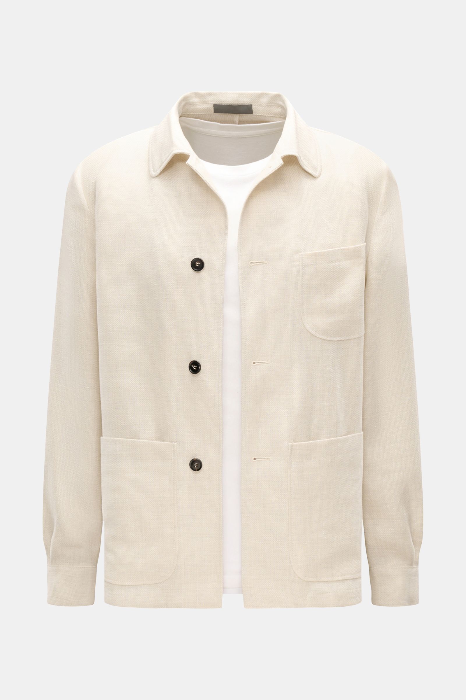 Front view of Corneliani Overshirt sand mottled in linen and wool with patch pockets, turn-down collar, and four-button placket.

This overshirt in linen and wool by CORNELIANI is an elegant shirt-jacket hybrid and enhances a variety of stylish looks –