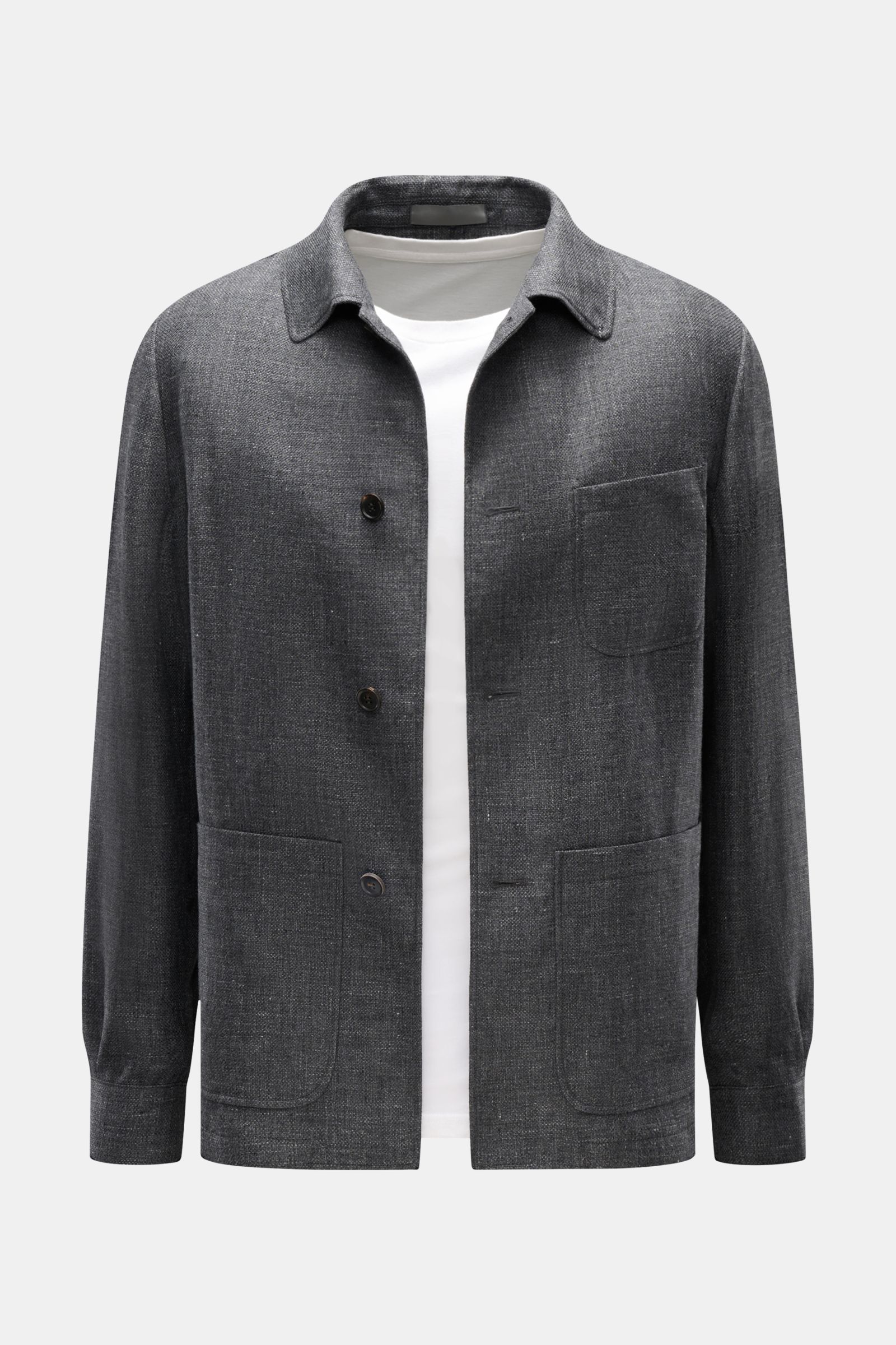 Corneliani Overshirt dunkelgrau meliert, slim Fit aus Leinen und Wolle, mit Umlegekragen, Vier-Knopf-Leiste, Brust- und Hüfttaschen, Manschetten, Seitenschlitzen, frontal aus mittlerer Perspektive.