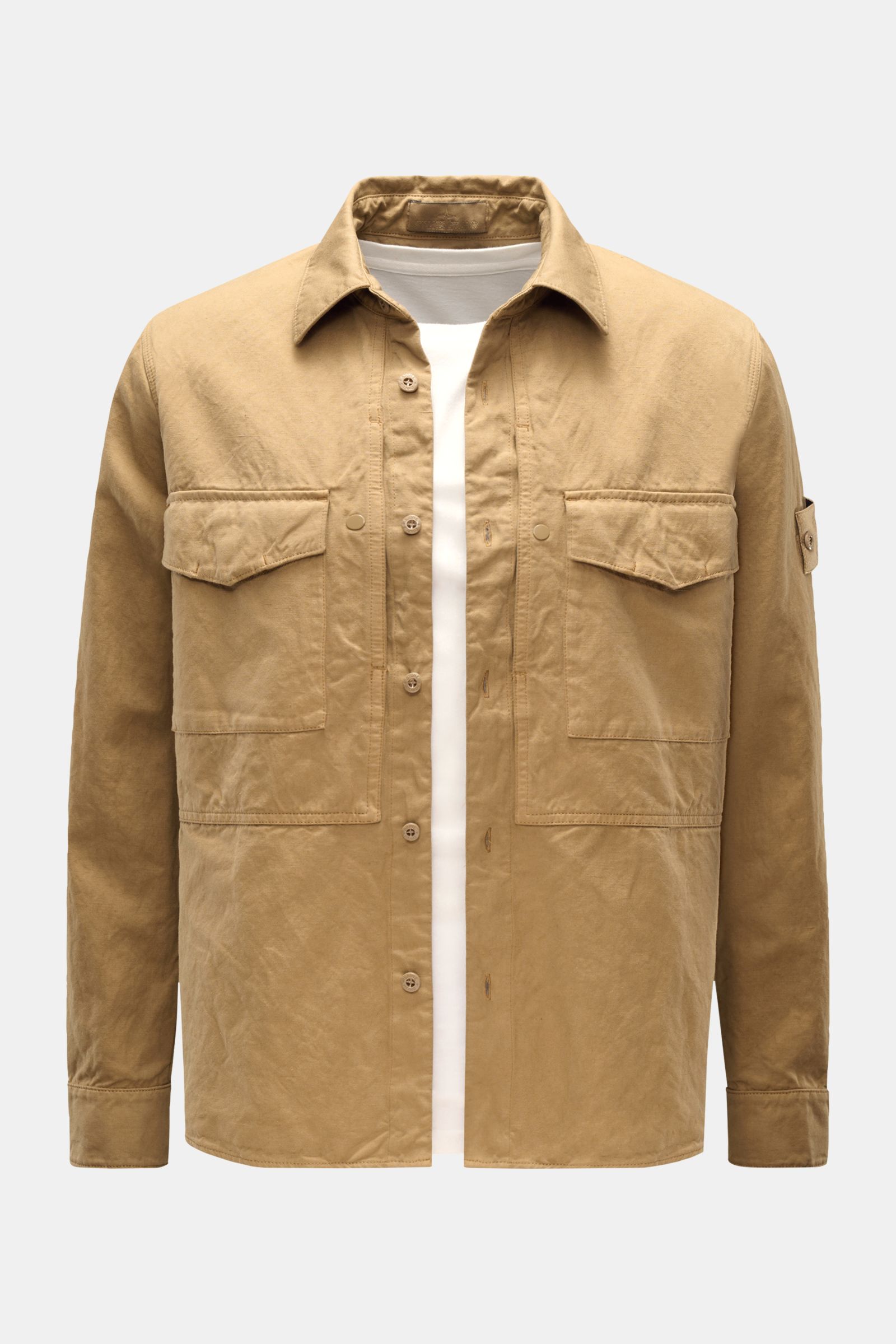 Stone Island Overshirt 'Ghost' khaki, front view, slim fit with six-button placket, three front pockets, unconstructed design, cotton-linen mix, compass badge on sleeve.