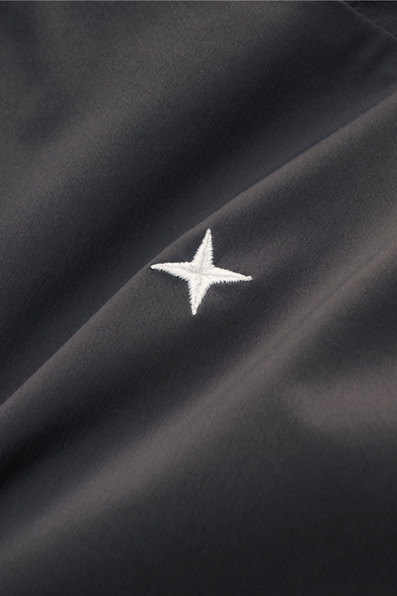 Stone Island Jacke 'Stellina' dunkelgrau in Nahaufnahme, glatter Griff, hochwertiges Microfaser, Regular Fit, weiße Sternstickerei sichtbar.