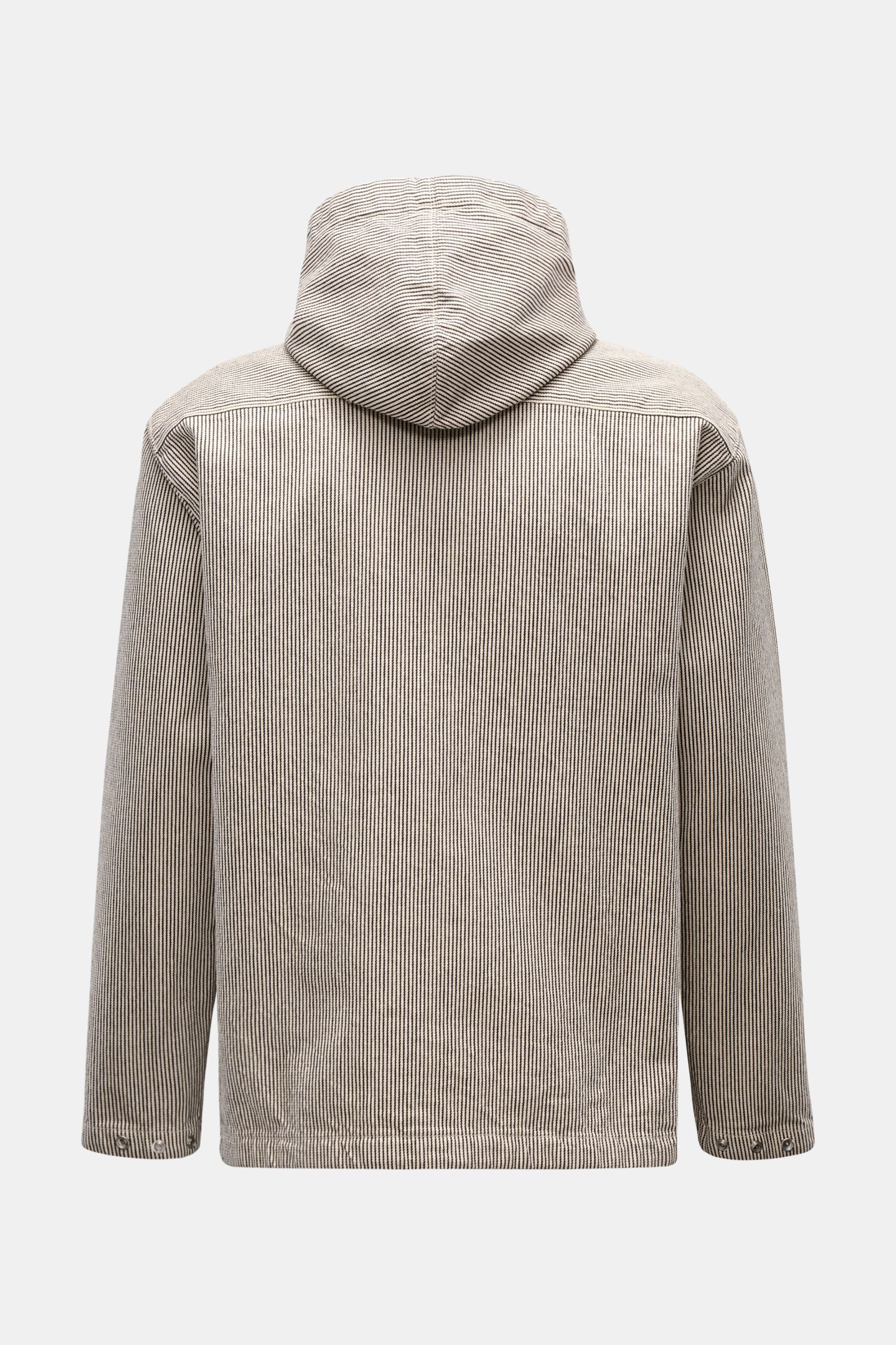 Stone Island Jacke 'Marina' navy/beige gestreift, Rückansicht, leichte Baumwolle, Kapuze mit Tunnelzug, Regular Fit, maritimes Streifenmuster.
