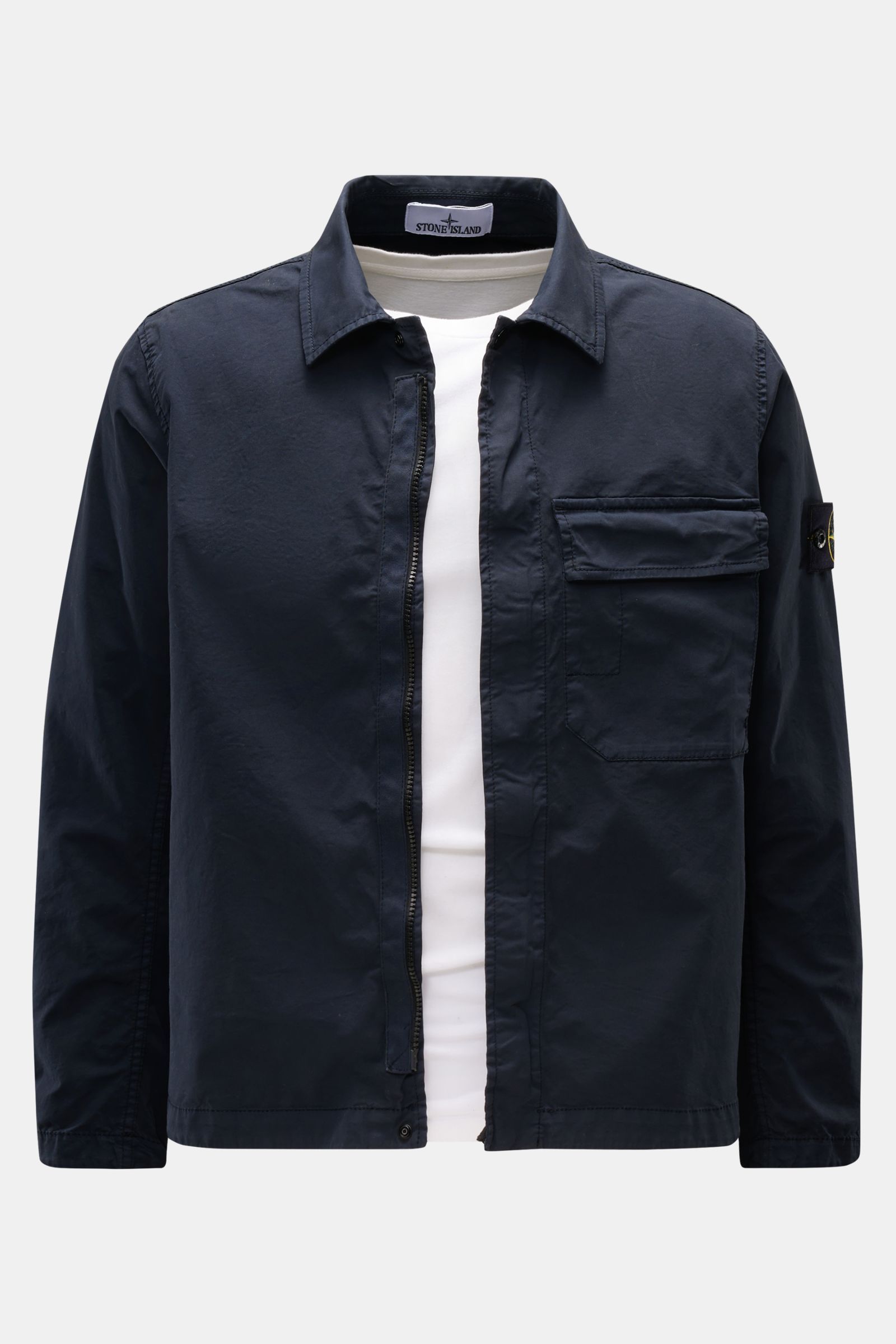Front view of Stone Island Overshirt 'Stretch Cotton' navy, a slim fit, sporty hybrid shirt-jacket in elastic cotton with vintage look, soft touch, two-way zipper, snap buttons, fold-down collar, buttoned chest pocket, compass badge on sleeve, and adjusta