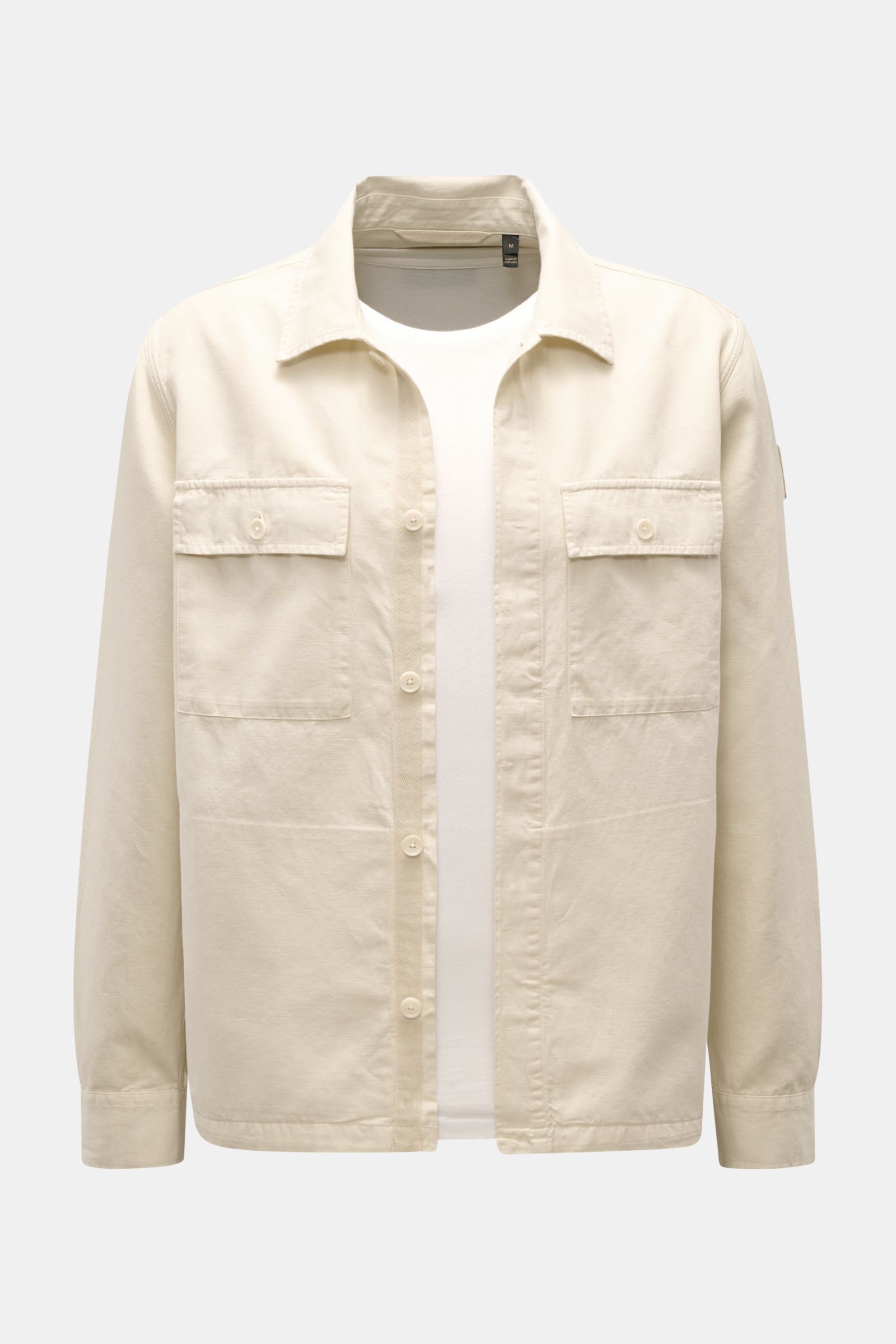 Belstaff Overshirt 'Maritime' sand, front view, slim fit cotton-linen blend with concealed button placket, patch pockets, narrow collar, barrel cuffs, and straight hem.