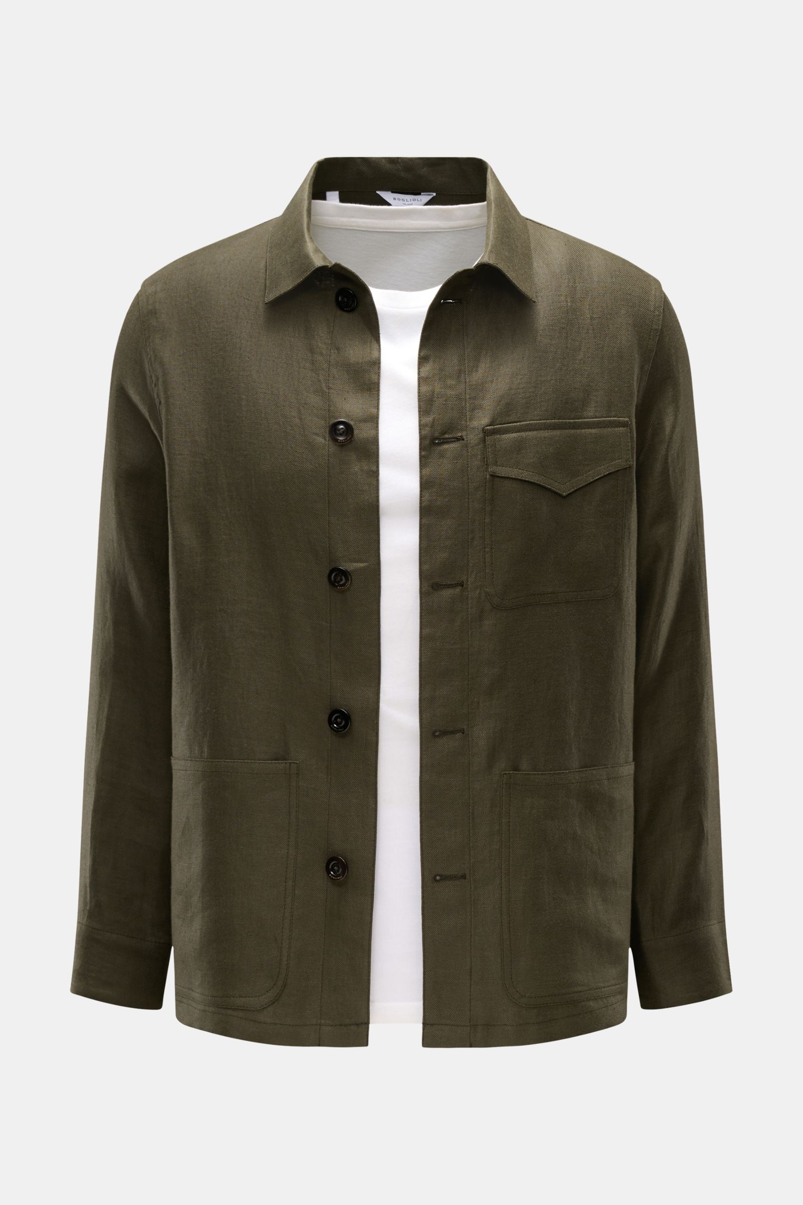 Boglioli Leinen Overshirt oliv aus reinem Leinen in feinem Twill, Slim Fit, Unconstructed Design, mit Kragen, Knopfleiste und drei Taschen, Frontansicht.