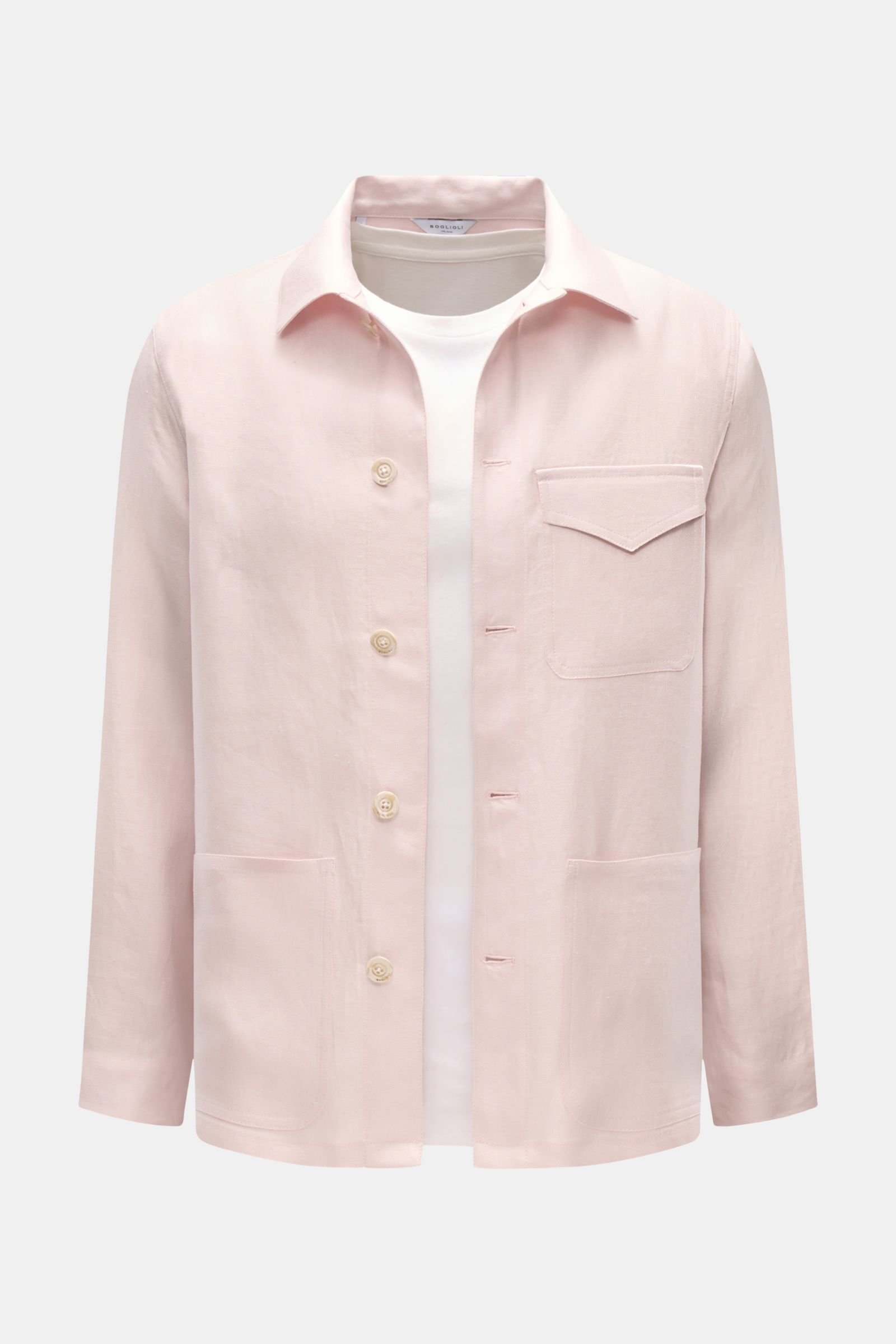 Front view of Boglioli Leinen Overshirt rosé in slim fit, pure linen fine twill with unconstructed design, collar, five-button placket, flap chest pocket, hip patch pockets, buttoned cuffs, and one inside pocket, ideal for elegant layering in transitional