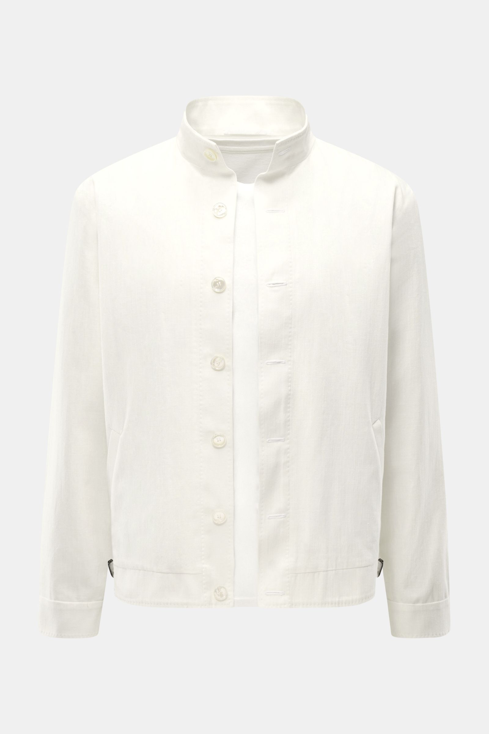 Front view of Stile Latino Overshirt 'Gbu Teseo' cream in pure cotton, slim fit with standing collar, seven-button placket, jetted pockets, button cuffs, and unconstructed design, combining exquisite quality with timeless elegance for transitional seasons