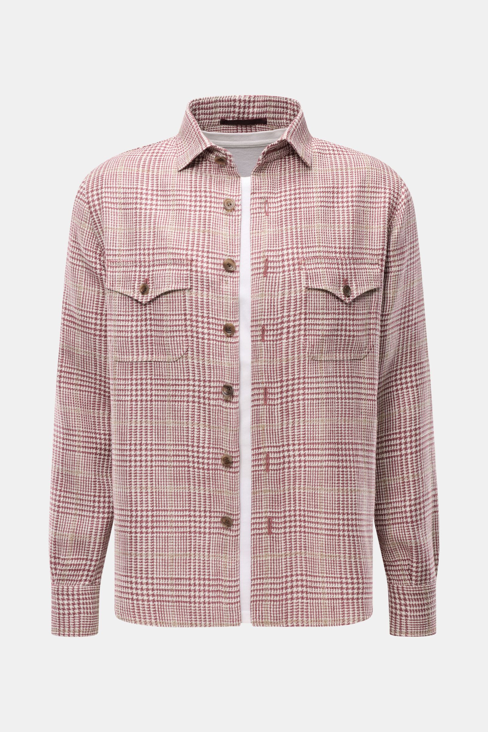Front view of the Stile Latino Overshirt 'Gu Kansas' dark red/cream checked, a slim fit, seven-button placket shirt with narrow collar and patch breast pockets.  

Luxuriously confident style from Italy: This elegant overshirt by STILE LATINO combines 
