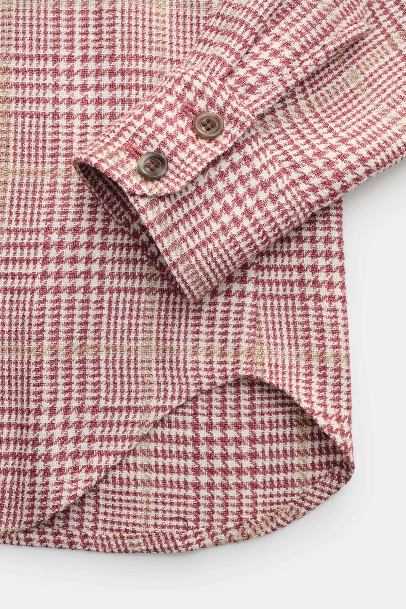 Close-up top view of the Stile Latino Overshirt 'Gu Kansas' dark red/cream checked showing slim fit sleeve with barrel cuffs, seven-button placket, narrow collar, patch breast pockets, rounded hem, made of silk, linen, cotton, and microfibre blend, luxuri