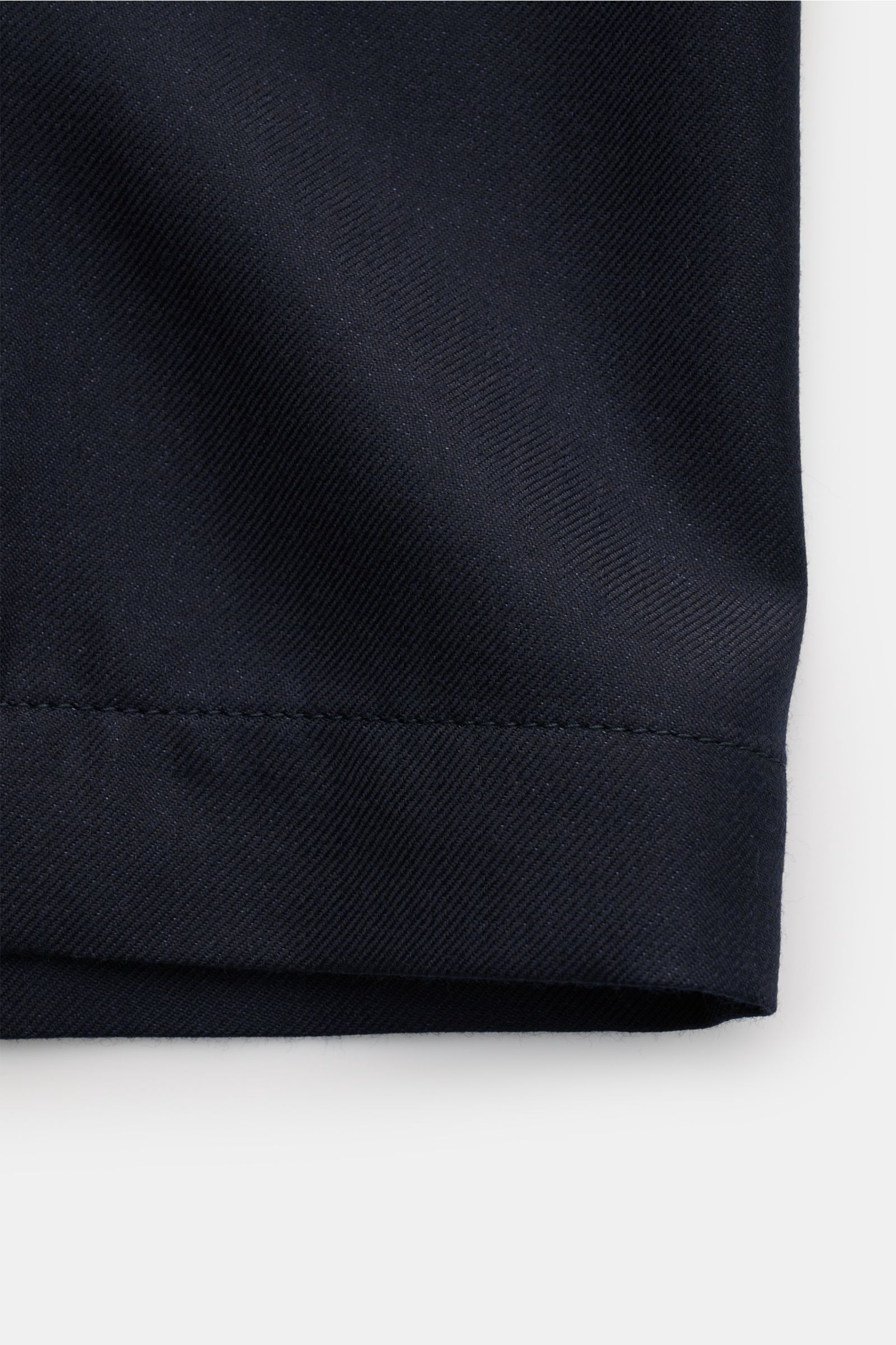 Close-up view of navy fabric and stitching detail of Agnona Overshirt navy sleeve hem, showcasing its soft cashmere-silk blend and fine texture.