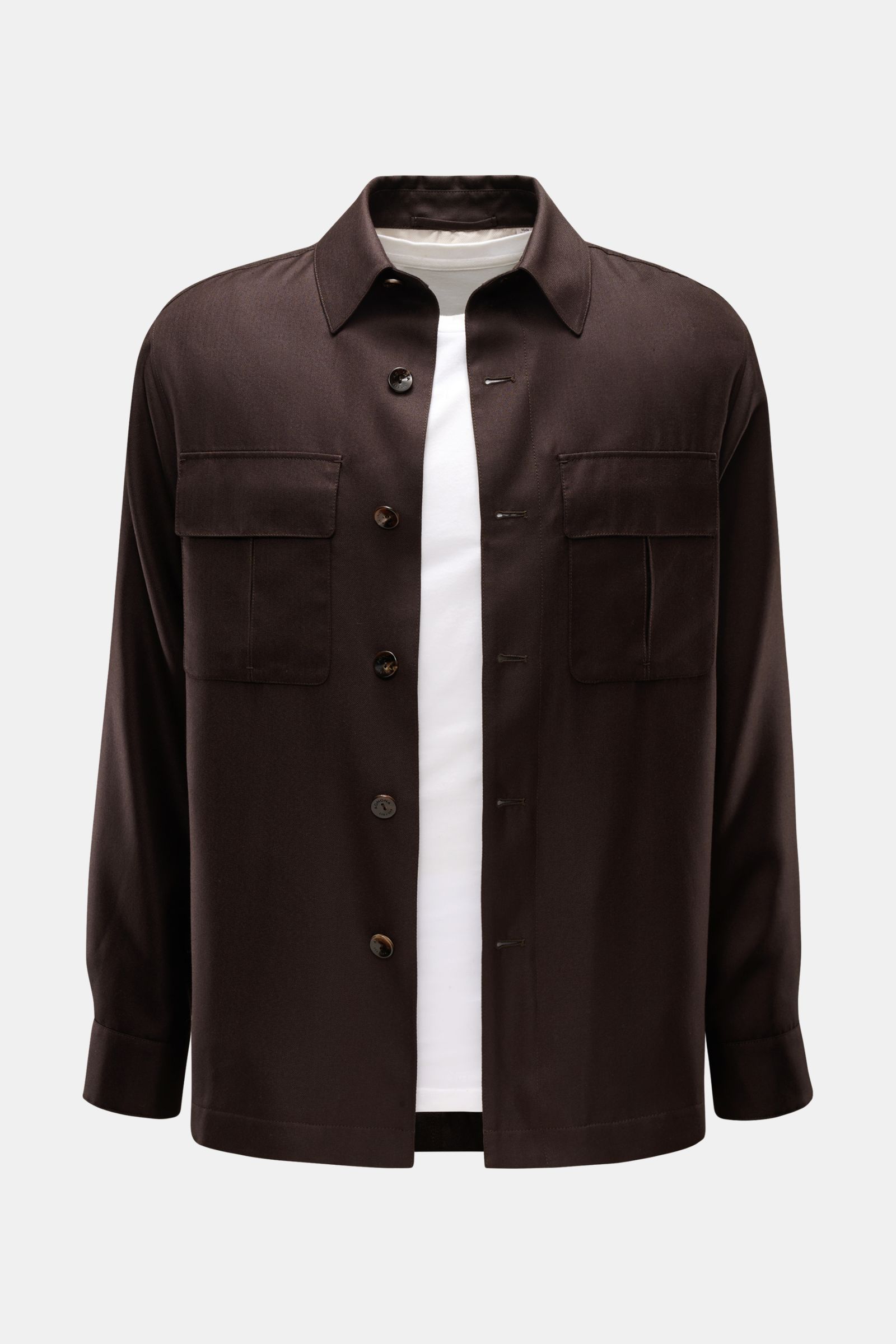 A front view of the Agnona Overshirt dunkelbraun in dark brown, featuring a slim fit, six-button placket, soft cashmere-silk mix, flap chest pockets, side seam pockets, buttoned cuffs, half-lined interior, and inner pocket.
