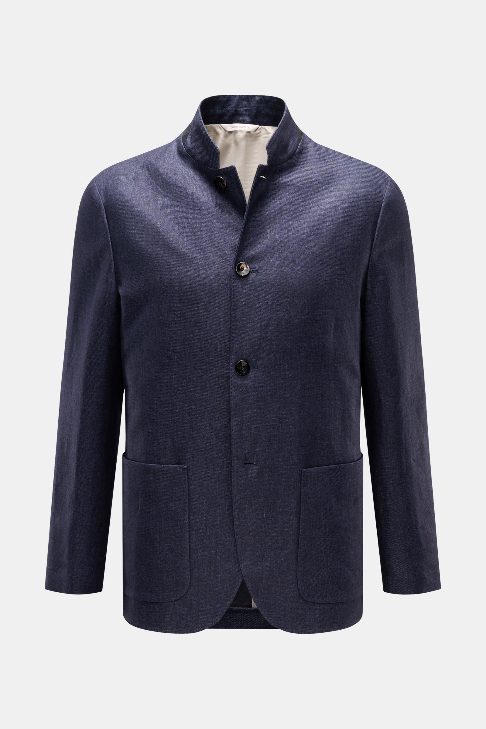 Front view of Agnona Smart-casual jacket navy mottled, a slim-fit, half-lined pure linen jacket with step lapel, four-button style, patch pockets, side vents, and three inside pockets.  

Description:  
The finest craftsmanship meets timeless elegance: