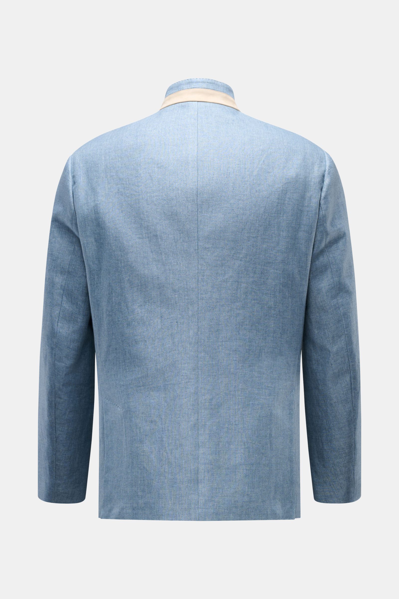 Agnona Sakko rauchblau meliert, halb gefüttert, Slim Fit, taillierter Vier-Knopf-Stil, Rückansicht mit fallendem Revers und Seitenschlitzen.