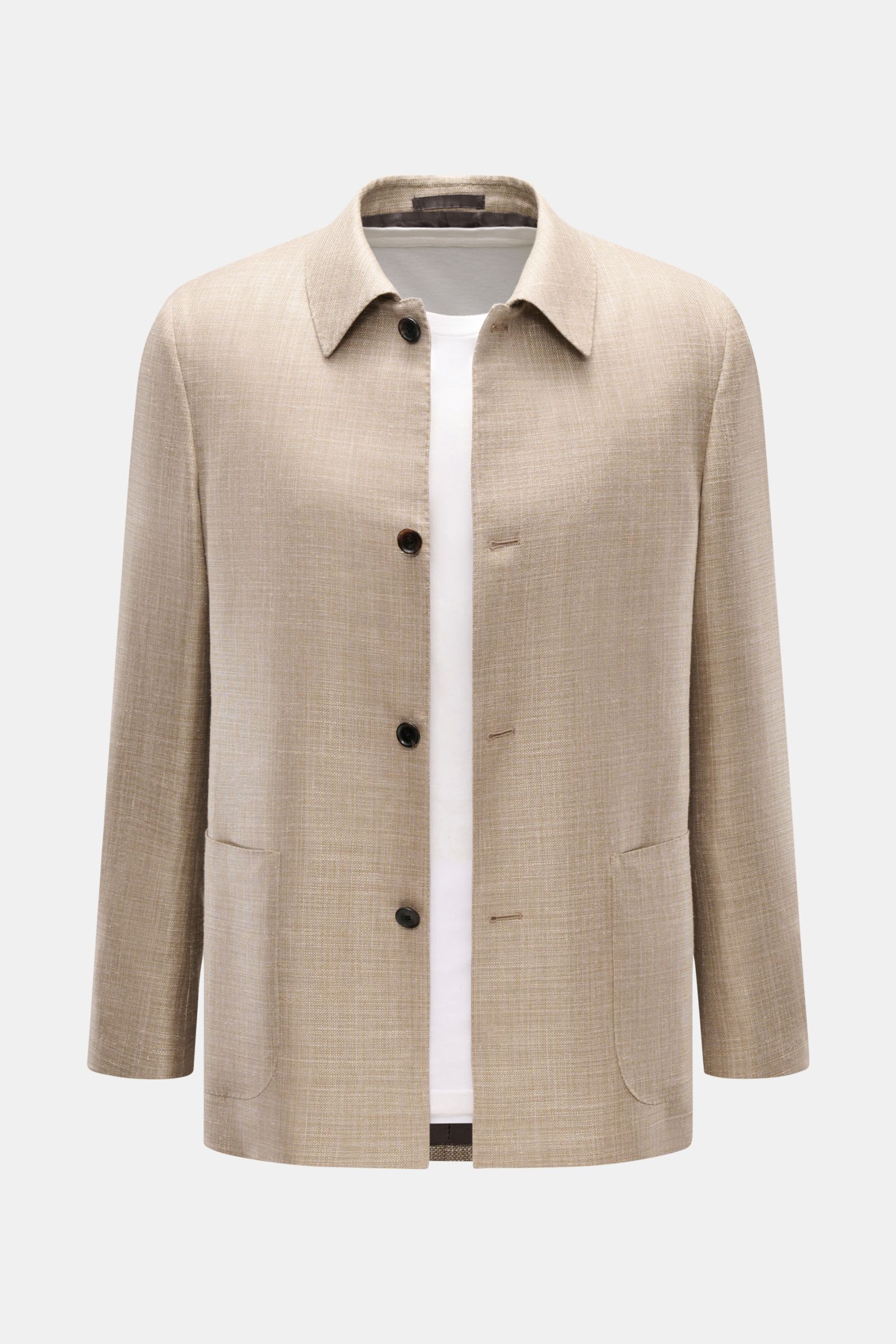 Caruso Overshirt 'Fedora' beige meliert, von vorne fotografiert, Slim Fit aus Wolle, Seide, Leinen, Umlegekragen, Hüfttaschen, Kissing Buttons.