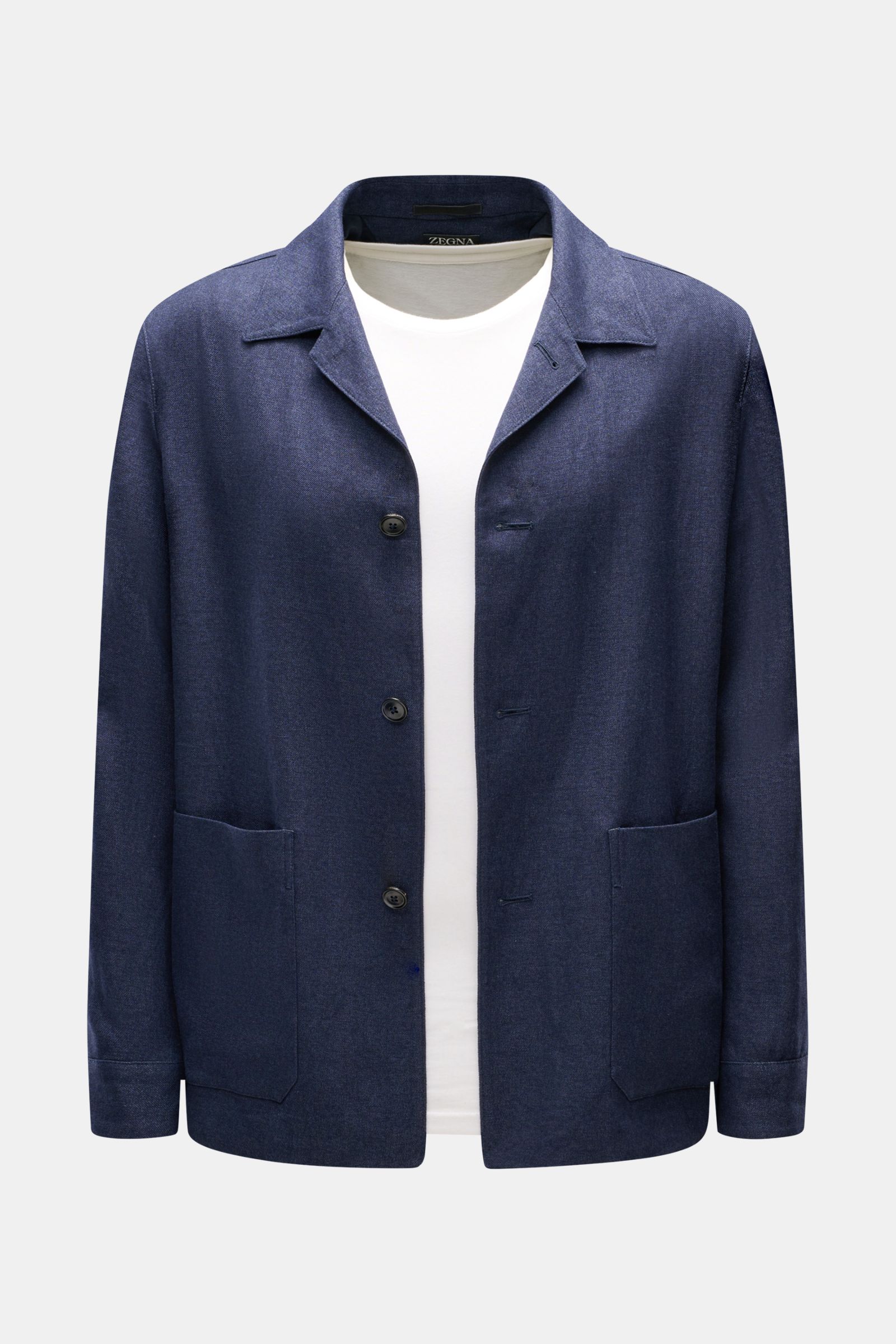 Zegna Overshirt navy aus Leinen-Wolle-Mix mit Twill, Reverskragen, Slim Fit, Knopfleiste, Taschen, Manschetten, Seitenschlitzen, frontal fotografiert.