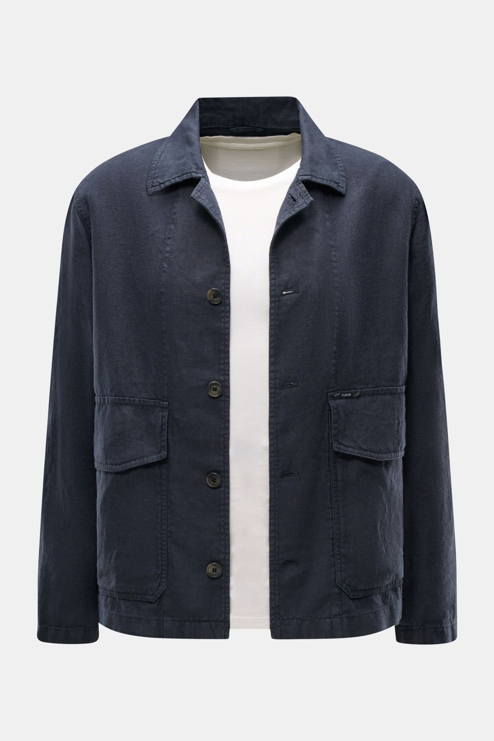 Closed Overshirt 'Cargo Jacket' navy aus reinem Leinen, kastige Silhouette, Fronttaschen mit Patte, Umlegekragen, Fünf-Knopf-Leiste, frontal fotografiert.