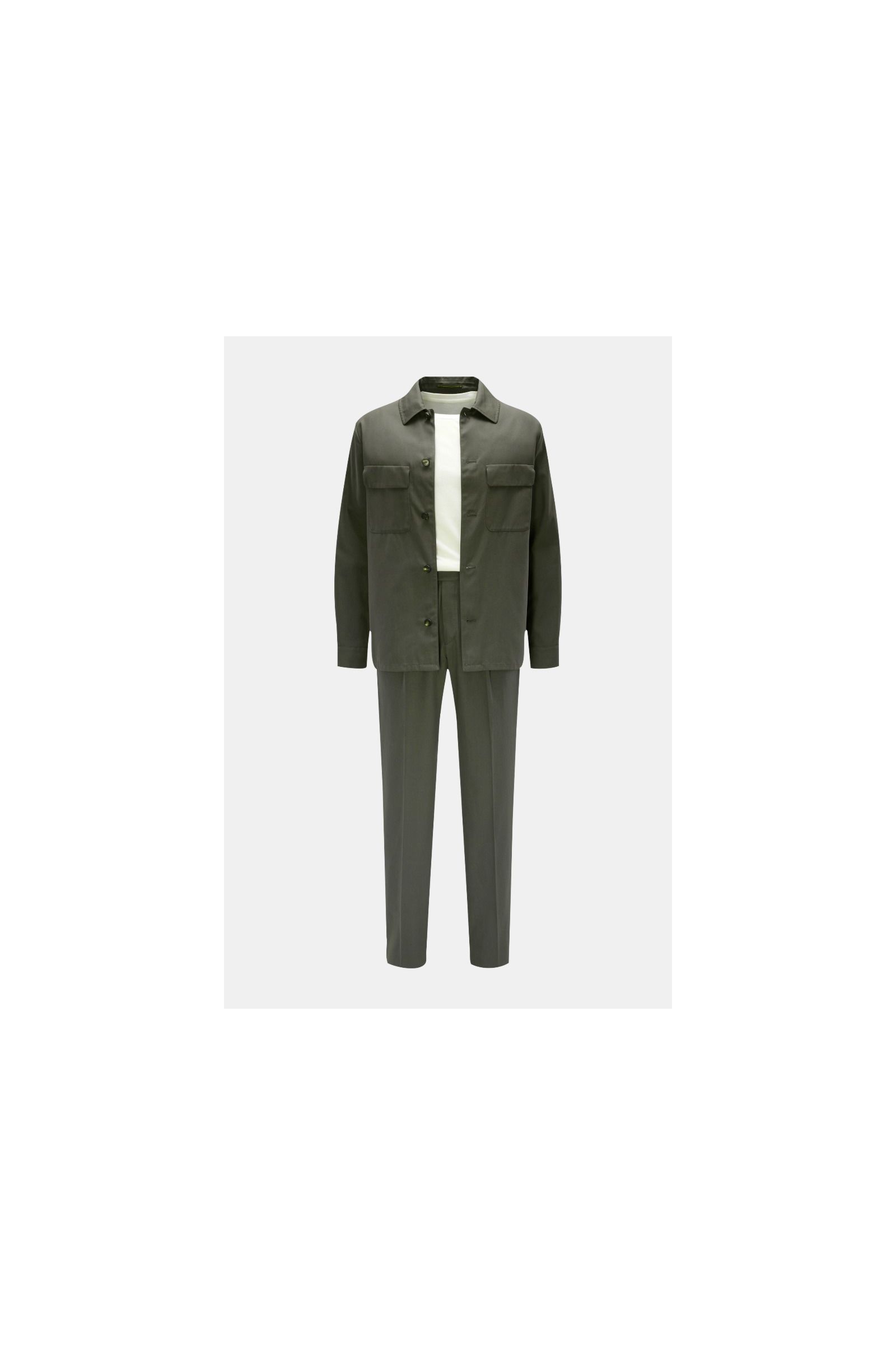 Incotex Overshirt dunkelgrün, slim fit, ungefüttert, aus Baumwoll-Twill mit Hornknöpfen, Pattentaschen, Ärmel mit Knopf, frontal fotografiert.