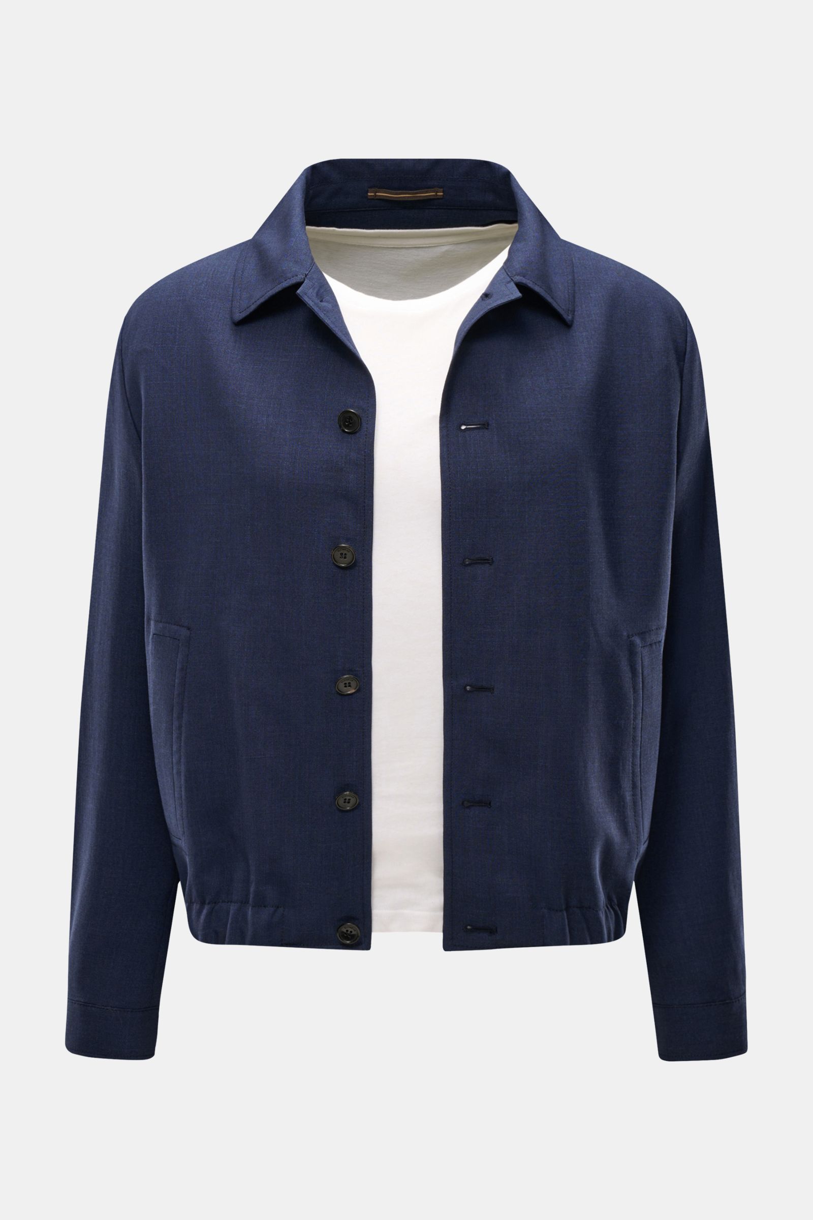 Incotex Overshirt navy meliert, frontal fotografiert, Regular Fit, Blouson-Look mit Schurwoll-Seide, sechs Knöpfe, Umlegekragen, paspel. Taschen.