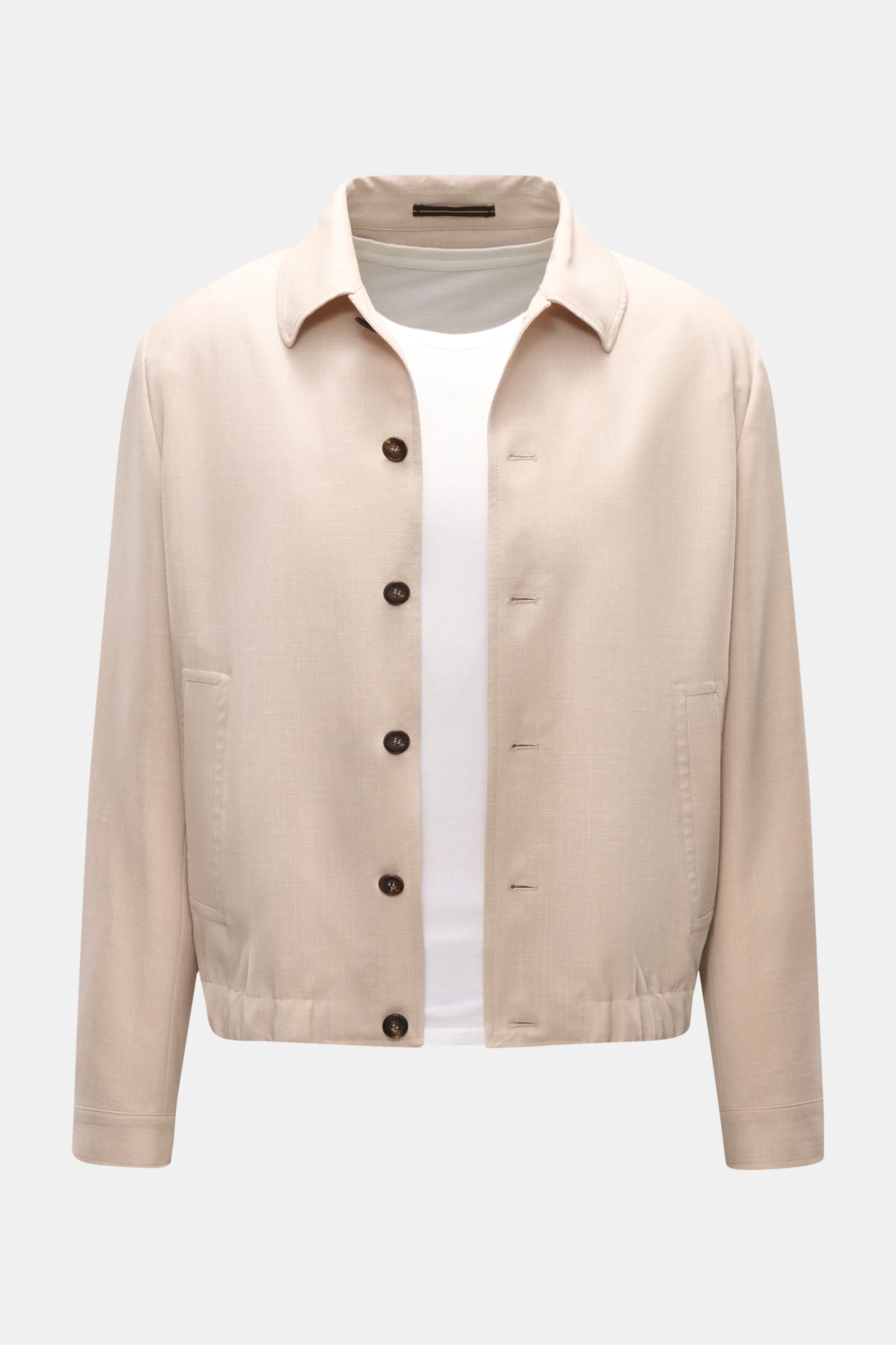 Front view of Incotex Overshirt beige mottled in virgin wool-silk blend with six-button placket, turn-down collar, jetted pockets, button cuffs, and elasticated hem, showcasing an unconstructed regular fit blouson look.