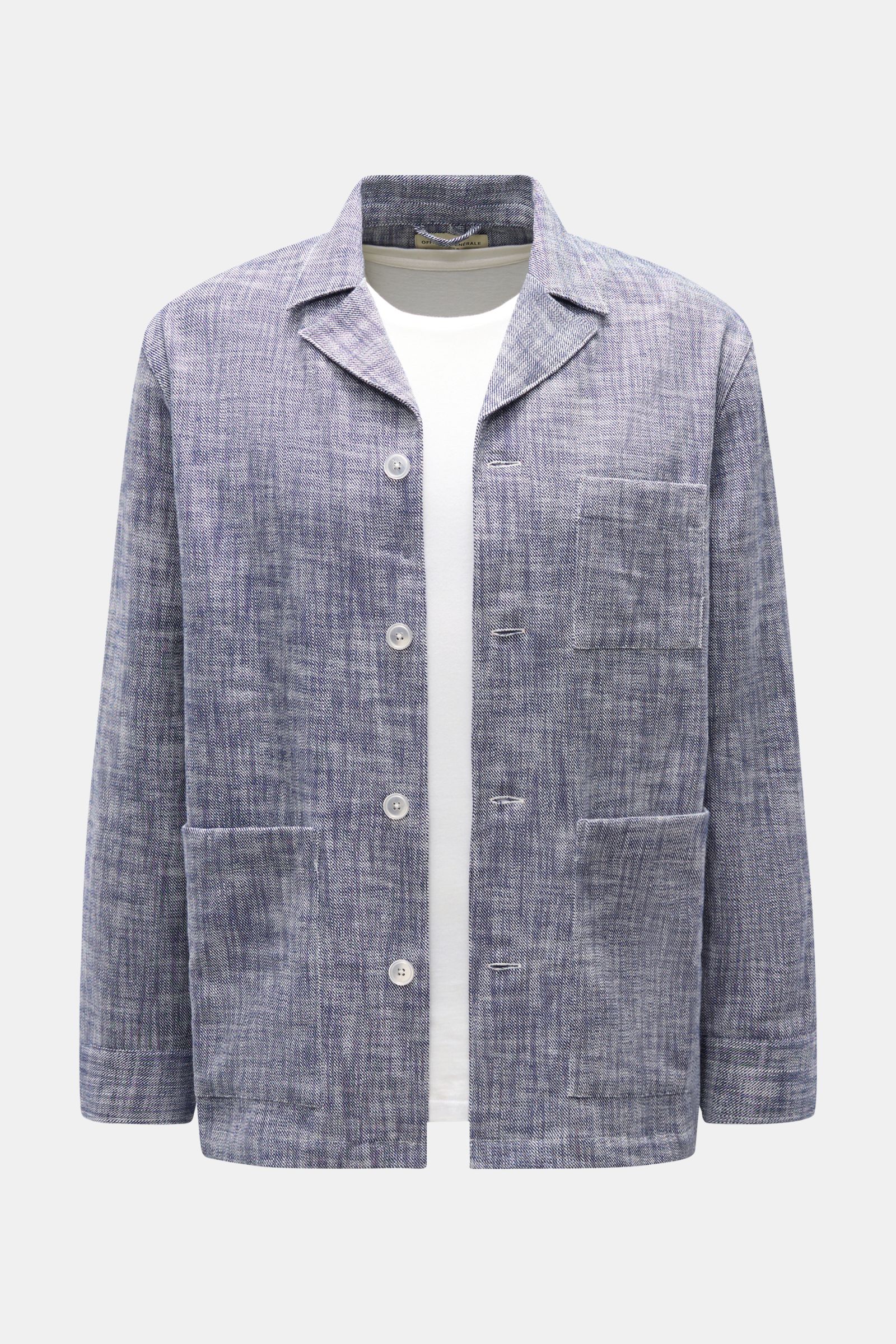 Frontansicht des Officine Générale Overshirt 'Sheldon' navy/weiß aus Slub-Cotton-Twill mit Umlegekragen, Vier-Knopf-Leiste und aufgesetzten Taschen.