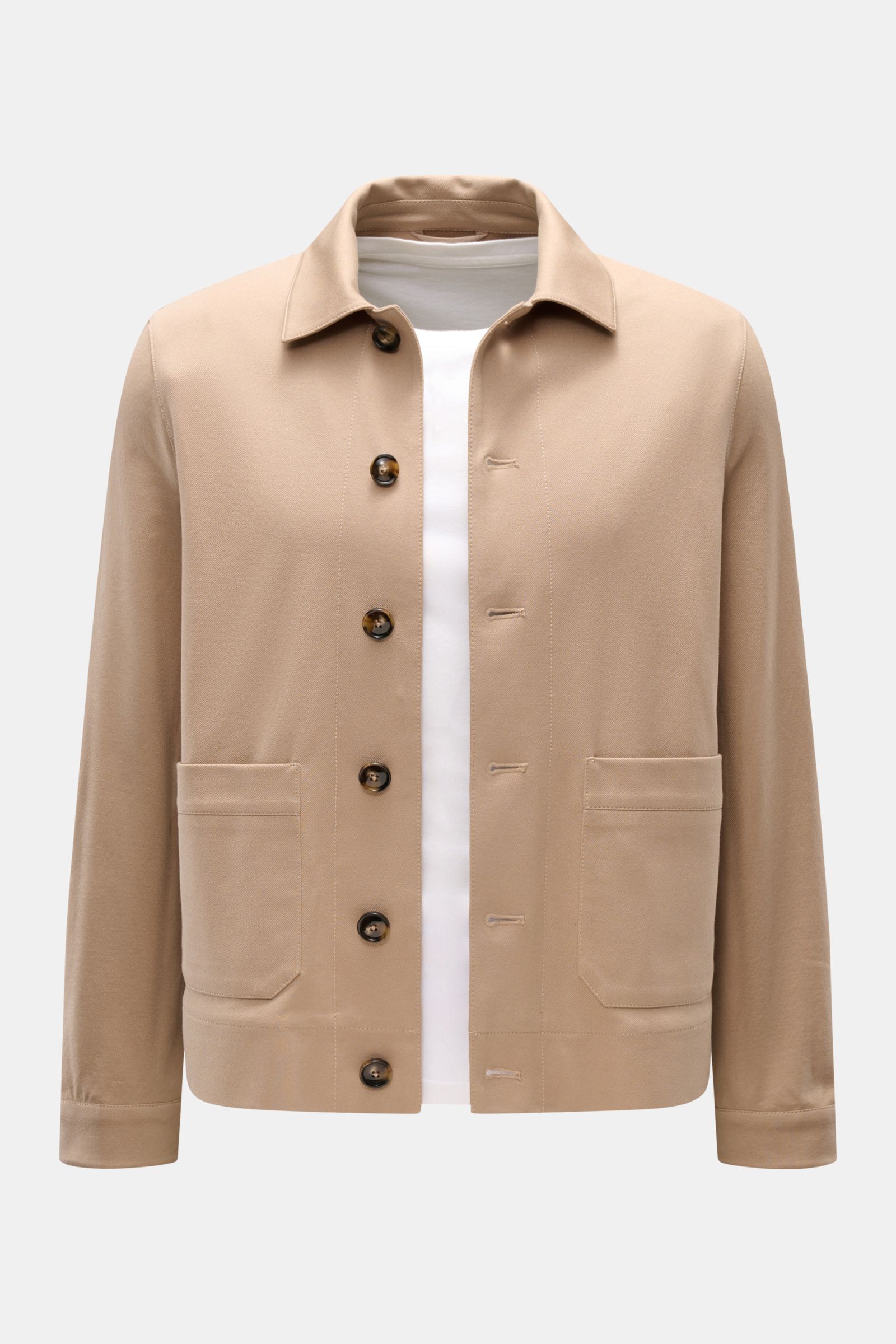 Circolo 1901 Overshirt sand, frontal fotografiert, Slim Fit, Piqué aus Baumwolle, sechs Knöpfe, Umlegekragen, aufgesetzte Taschen.