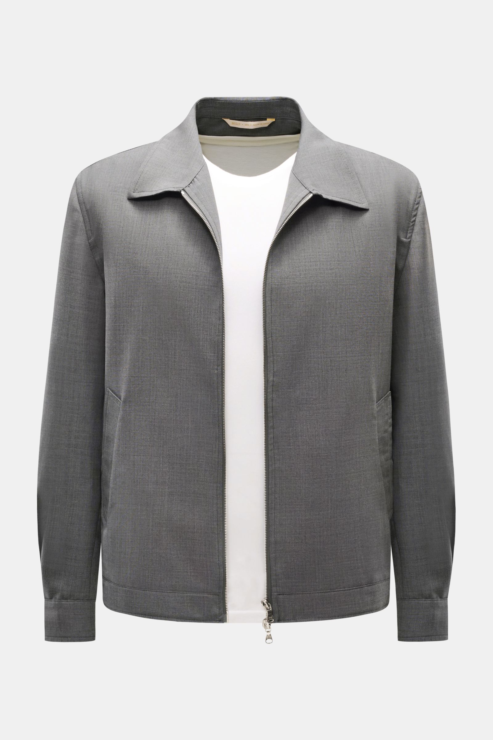 Front view of the Briglia 1949 Overshirt 'Bill' dunkelgrau meliert, a slim fit, melierte wool and microfiber mix with smooth texture, two-way zipper, buttoned cuffs, slanted welt pockets, unconstructed design, and inner pocket; Italian flair in your wardr