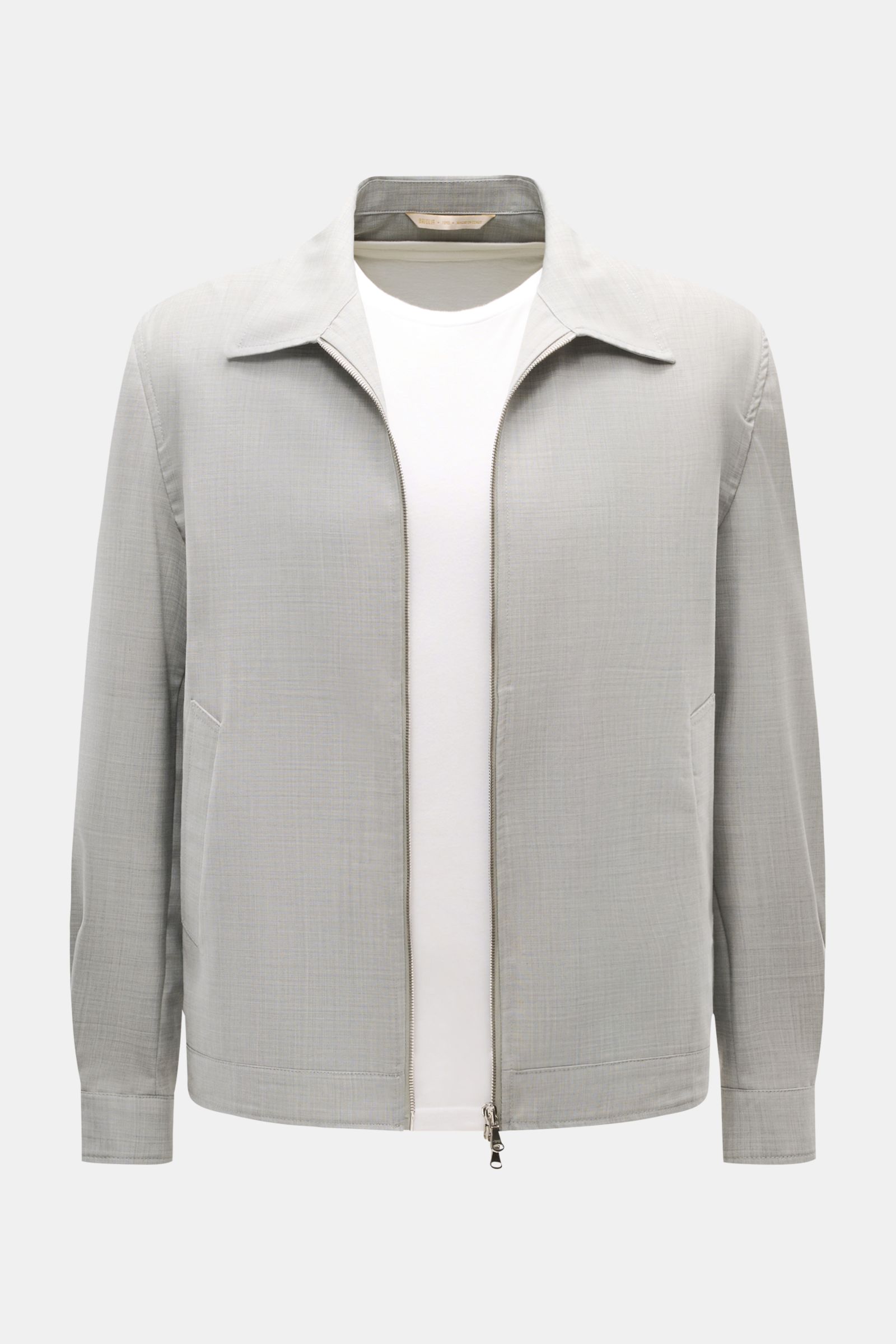 Front view of Briglia 1949 Overshirt 'Bill' grau meliert in grey melange with two-way zipper, slim fit, wool-microfiber mix, and slanted welt pockets. Italienisches Flair in Ihrer Garderobe erhalten Sie mit dem smarten Overshirt 'Bill' aus dem Hause BRIGL