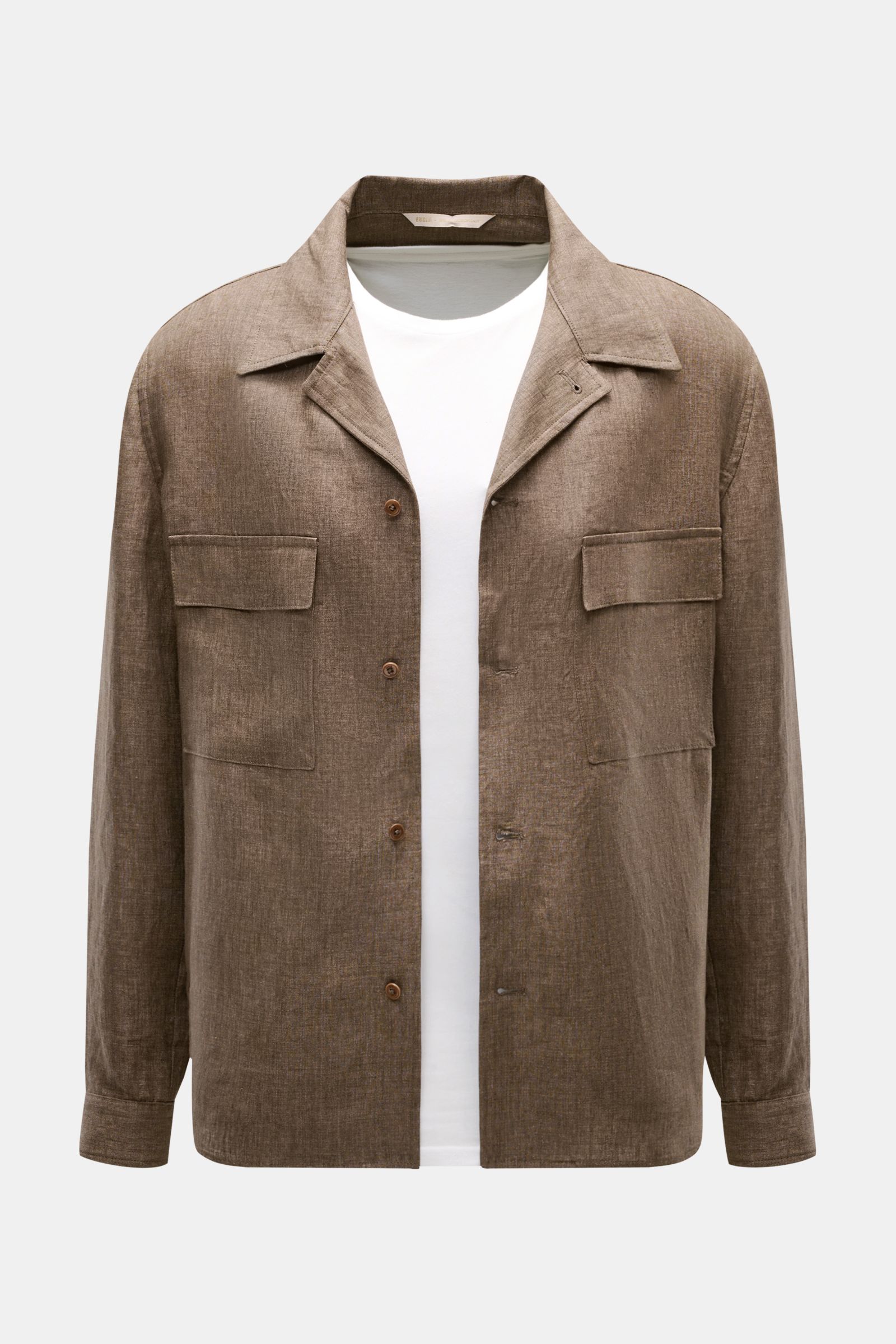 Briglia 1949 Linen overshirt 'John' brown mottled shown from the front upper body, casual slim fit linen with patch breast pockets, adjustable collar, barrel cuffs, French button placket, concealed slit pockets, slightly rounded hem. Add some Italian flai