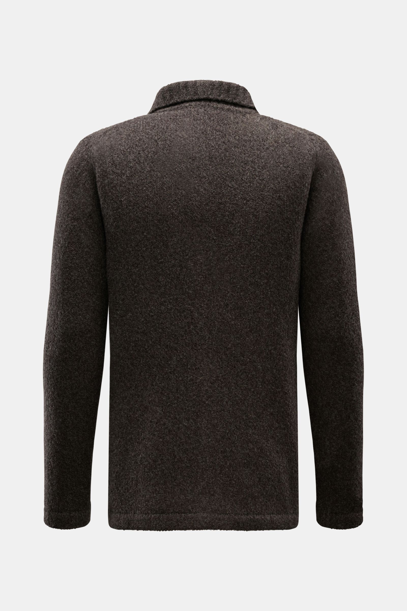 04651/ A trip in a bag Cardigan 'Grainy' dunkelbraun, Rückansicht, Boucléstrick, Woll-Mix, Slim Fit, Umlegekragen, Rippbündchen, weicher Griff.