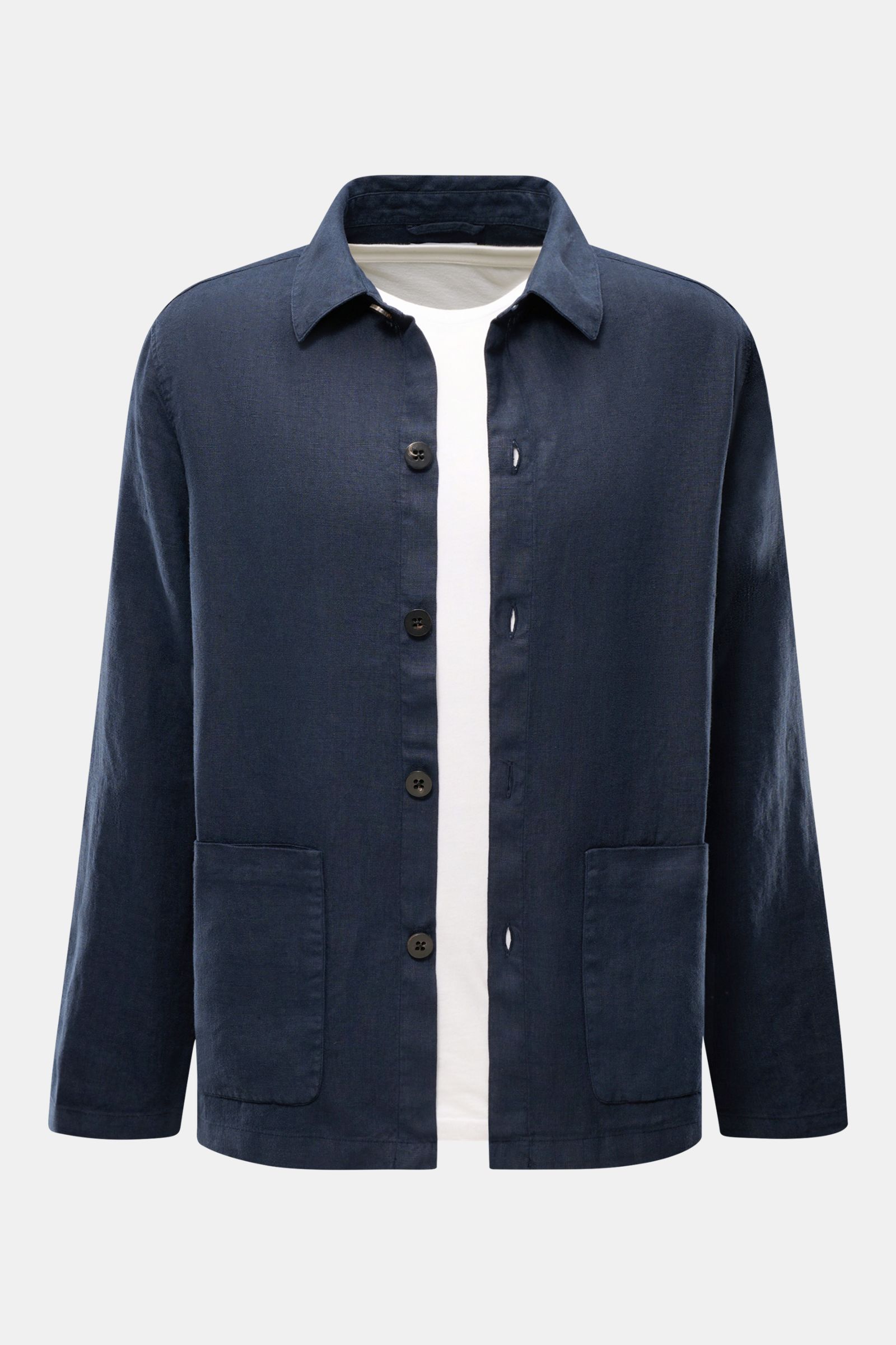 Frontansicht des 04651/ A trip in a bag Overshirt 'Linen Jacket' navy aus reinem, weichem Leinen mit Umlegekragen, Slim Fit und Fronttaschen.