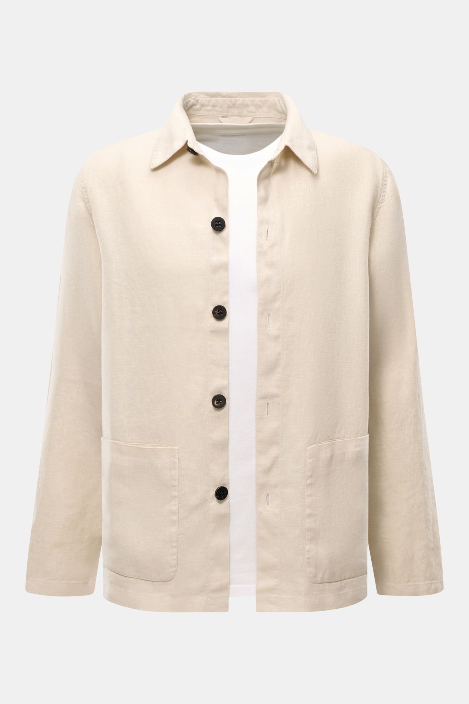 Beige 04651/ A trip in a bag Overshirt 'Linen Jacket' aus reinem Leinen, Slim Fit, Front- und Innentasche, Hemdkragen, Frontansicht.