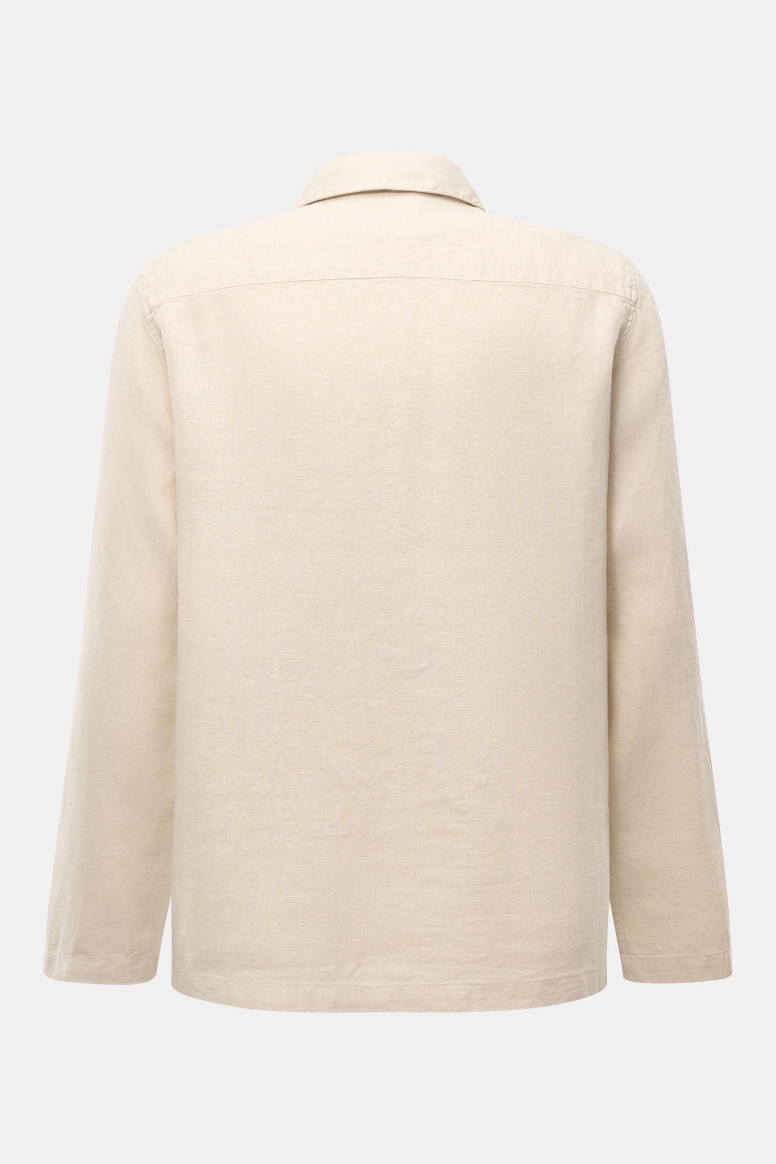 Beige 04651/ A trip in a bag Overshirt 'Linen Jacket' aus weichem Leinen, Slim Fit, Umlegekragen, Rückansicht, sommerlicher Look.