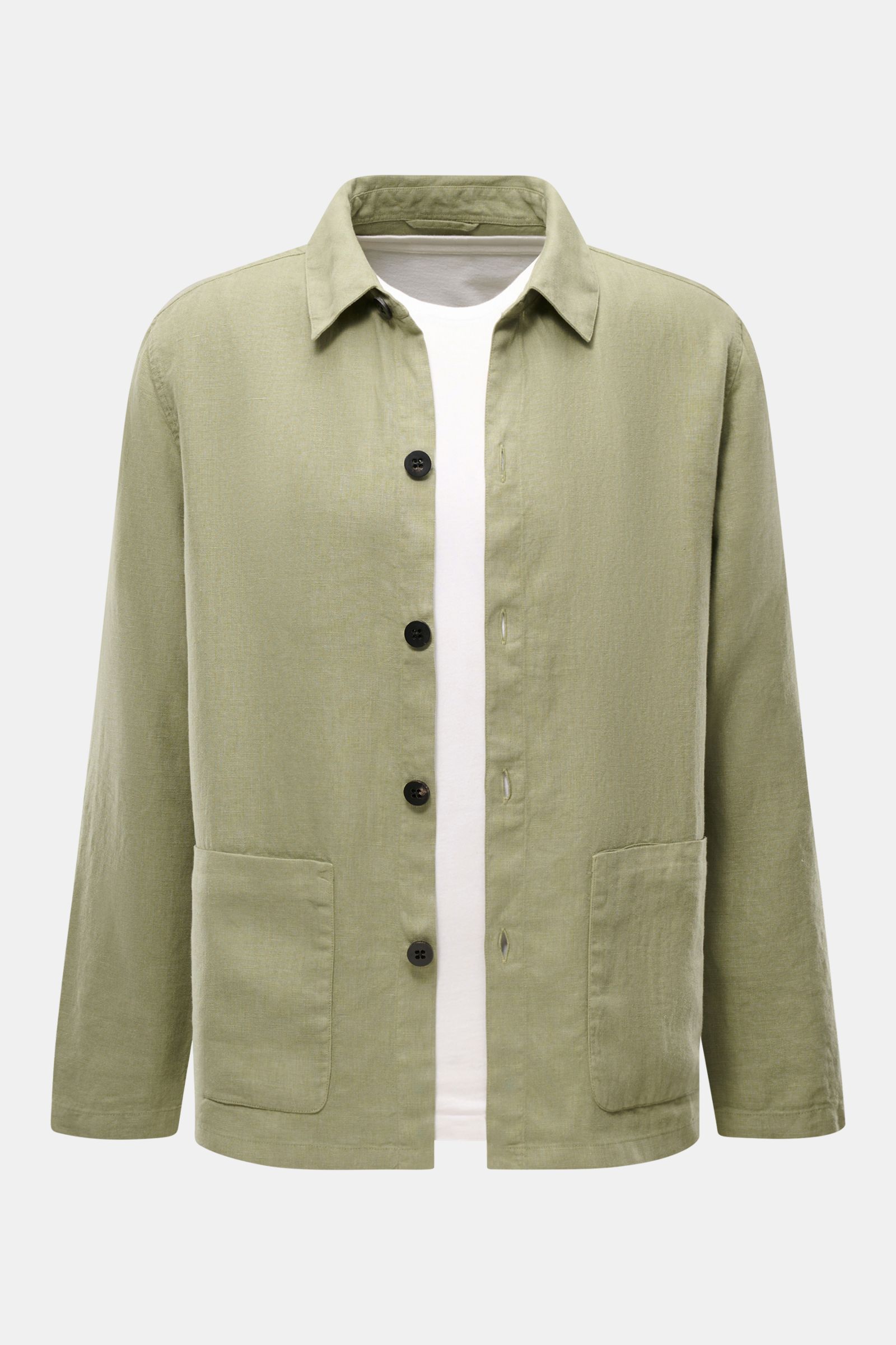 Vorderansicht des 04651/ A trip in a bag Overshirt 'Linen Jacket' salbei aus reinem Leinen mit Slim Fit, Umlegekragen, Knopfleiste und Fronttaschen.