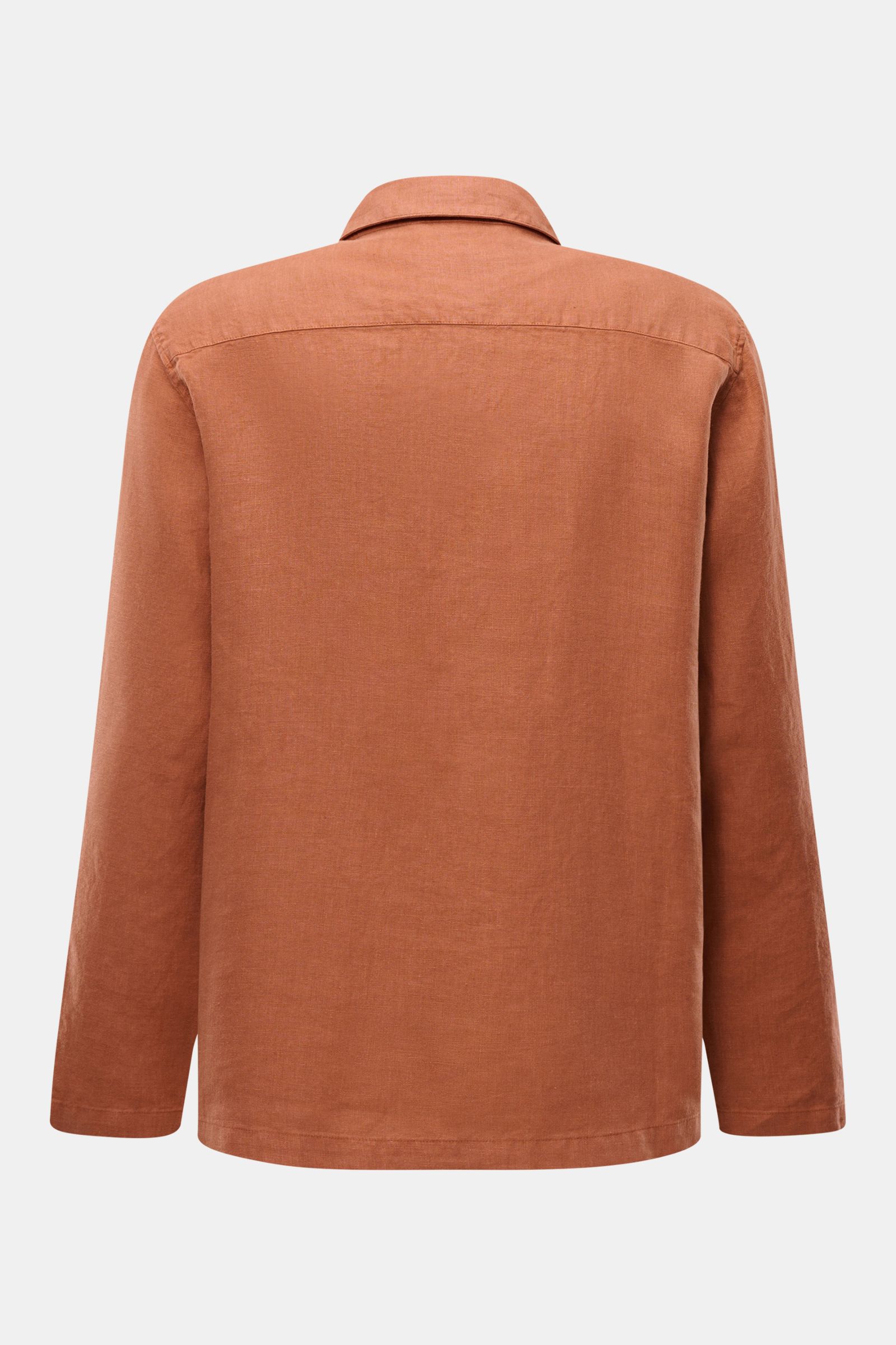 Rückansicht des 04651/ A trip in a bag Overshirt 'Linen Jacket' rostbraun aus weichem, reinem Leinen in Slim Fit mit Umlegekragen.