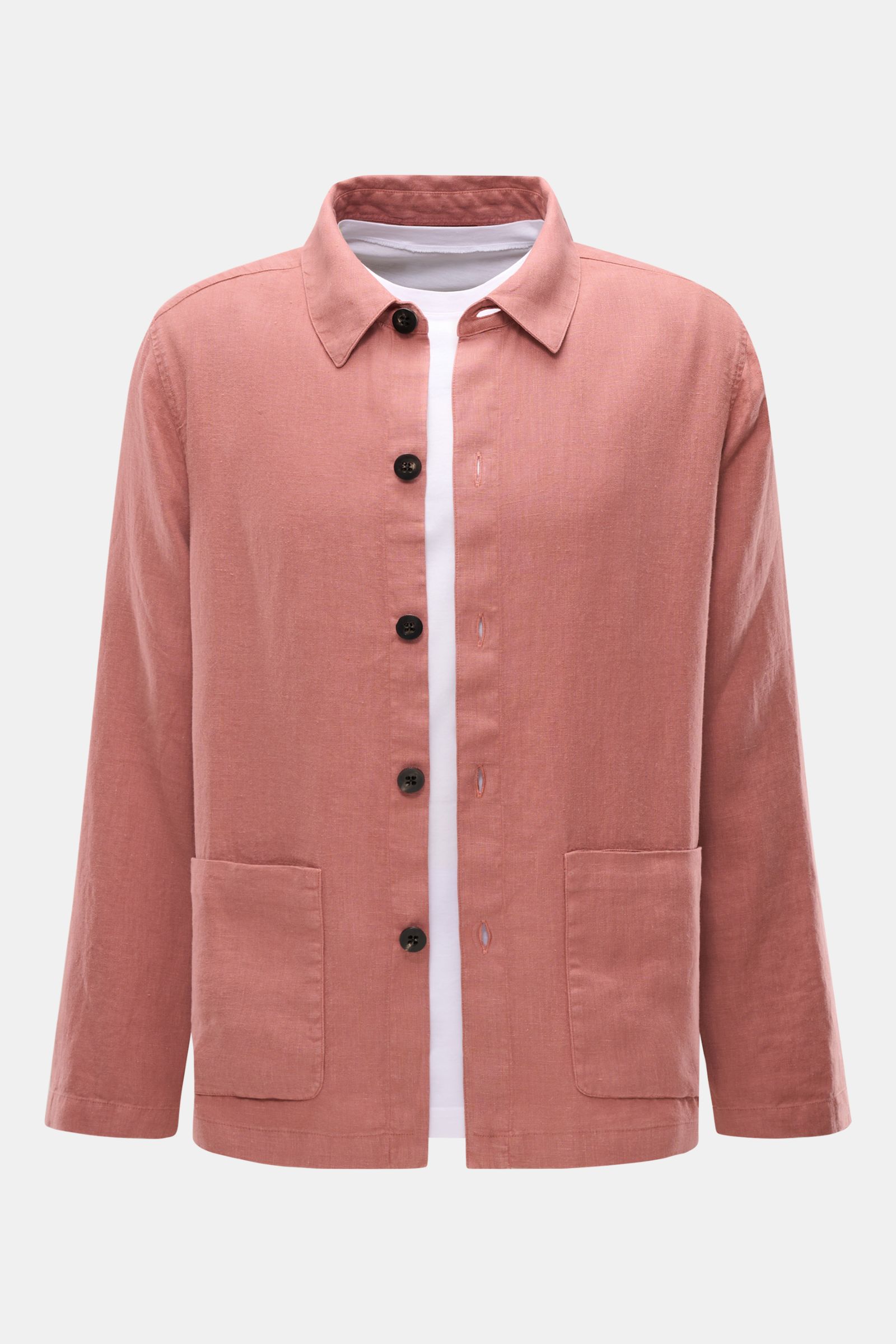 Front view of 04651/ A trip in a bag Overshirt 'Linen Jacket' mauve in relaxed slim fit, pure linen with soft feel, five-button placket, turn-down collar, patch front pockets, and one inside pocket. For casual linen looks: This overshirt by 04651/ A TRIP 