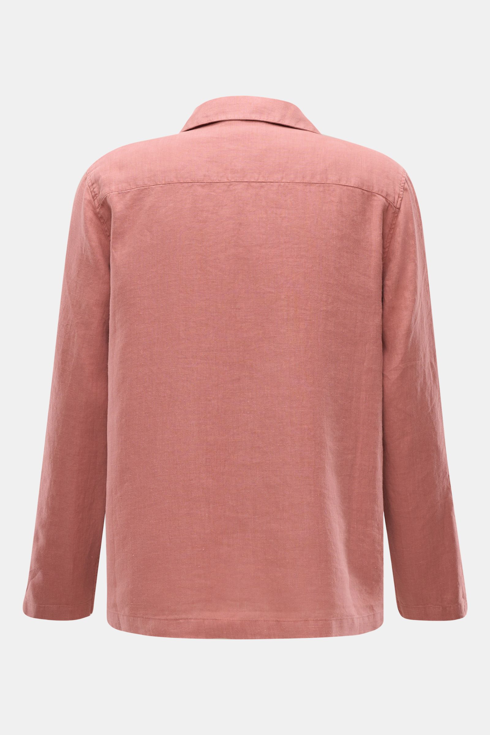 Rear view of the 04651/ A trip in a bag Overshirt 'Linen Jacket' mauve, showing relaxed fit and turn-down collar in pure linen fabric. For casual linen looks: This overshirt by 04651/ A TRIP IN A BAG is made of summery linen fabric in a relaxed fit for st
