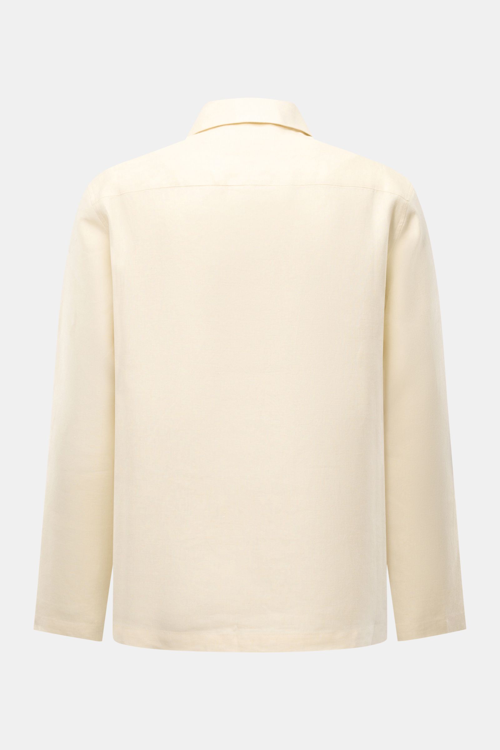 Back view of the 04651/ A trip in a bag Overshirt 'Linen Jacket' cream, showcasing pure linen fabric and relaxed fit. For casual linen looks: This overshirt by 04651/ A TRIP IN A BAG is made of summery linen fabric in a relaxed fit for stylish holiday out