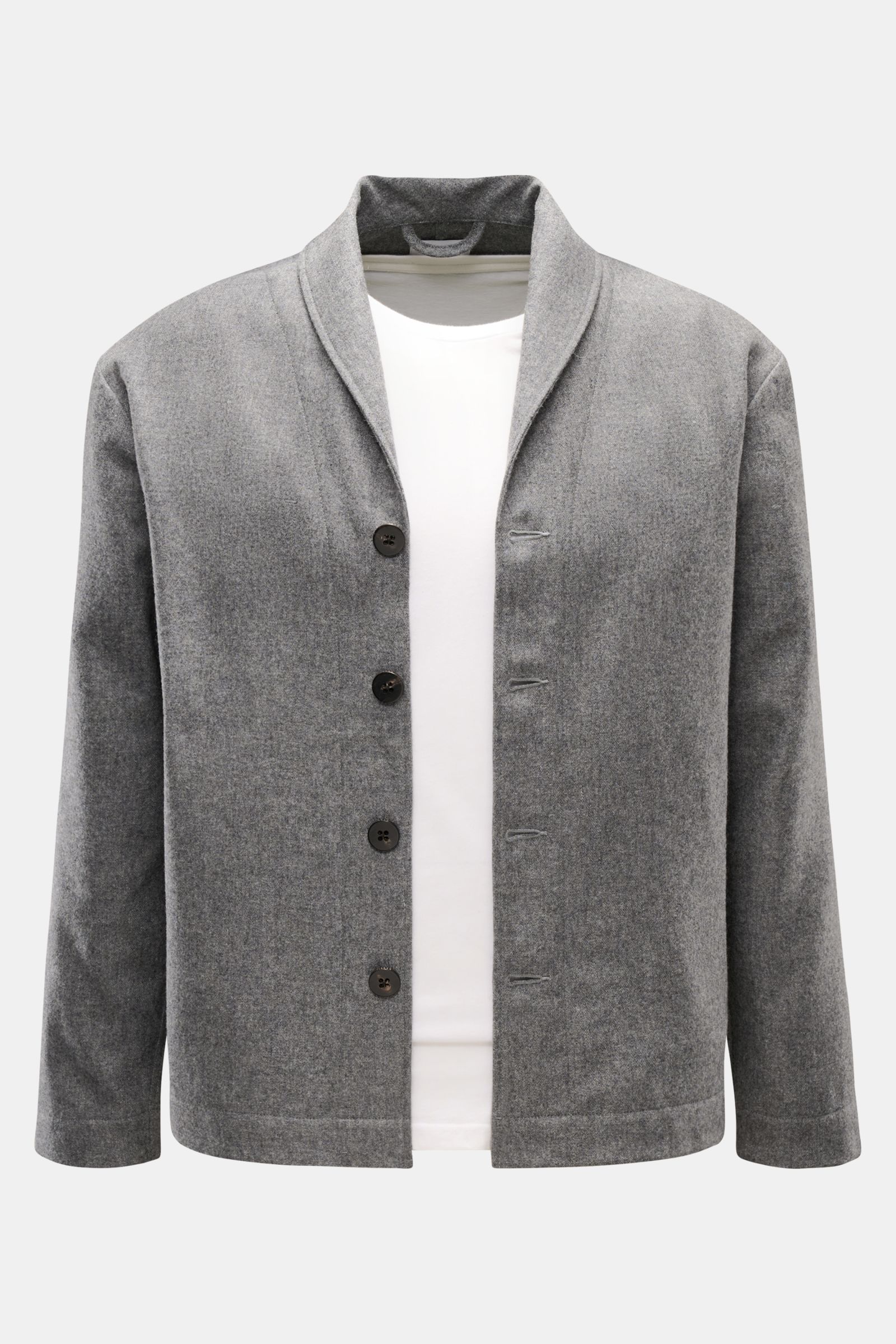 Front view of the 04651/ A trip in a bag Overshirt dunkelgrau meliert, a slim fit wool and microfiber mix overshirt with soft feel, shawl collar, four-button placket, and side seam pockets. Stilvoll durch die Übergangszeit: Das Overshirt aus der 'Look of 