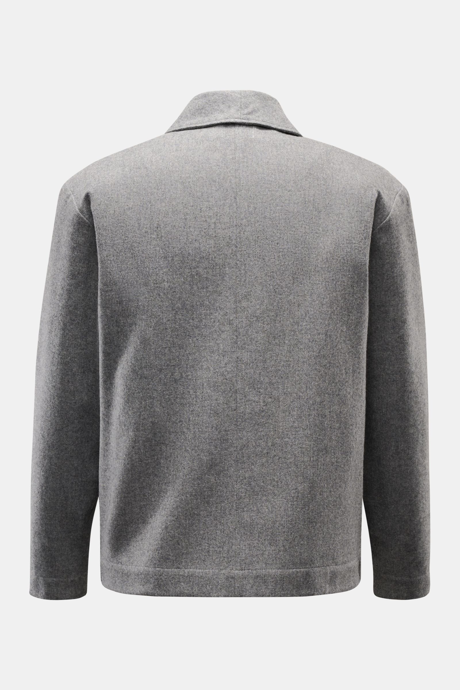 Rear view of the 04651/ A trip in a bag Overshirt dunkelgrau meliert in soft wool-microfiber blend, slim fit with shawl collar and side seam pockets. 

Stilvoll durch die Übergangszeit: Das Overshirt aus der 'Look of the Games' Capsule von 04651/ A TRI