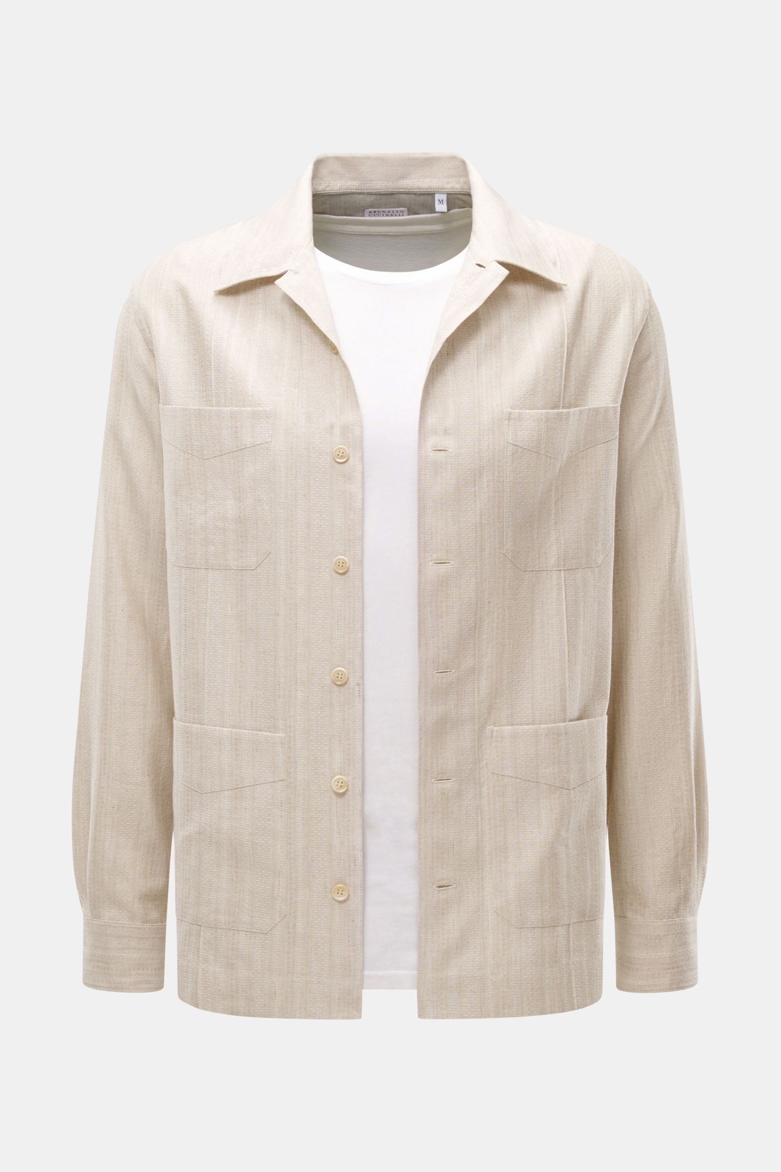 Front view of Brunello Cucinelli Overshirt beige in linen-cotton mix, slim fit with seven-button placket, four pockets, and button cuffs.

Description to include:
Zeitloses Layering-Piece: Das Overshirt von BRUNELLO CUCINELLI ergänzt Sommerlooks mit so