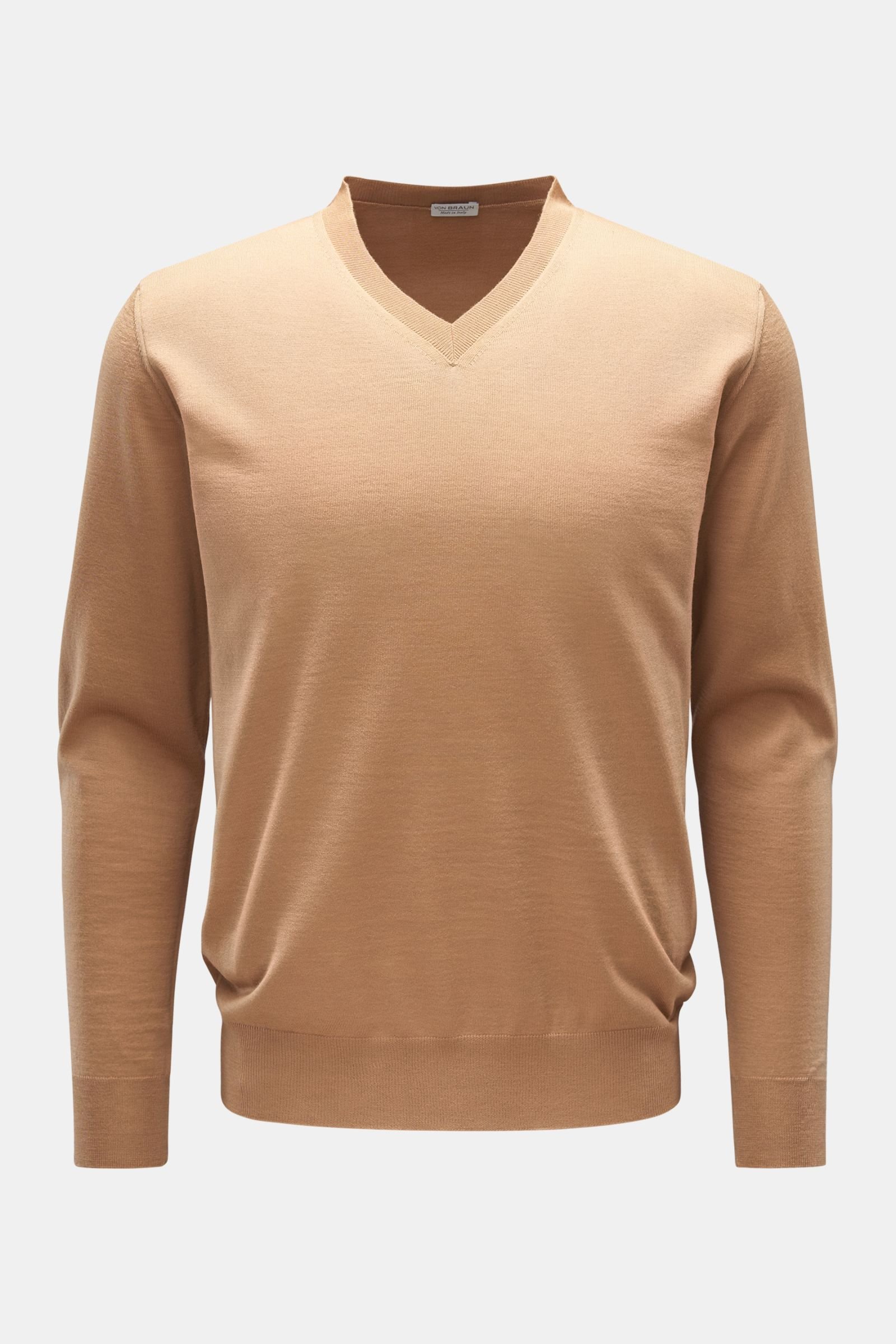 Merino fine knit V-neck jumper light brown