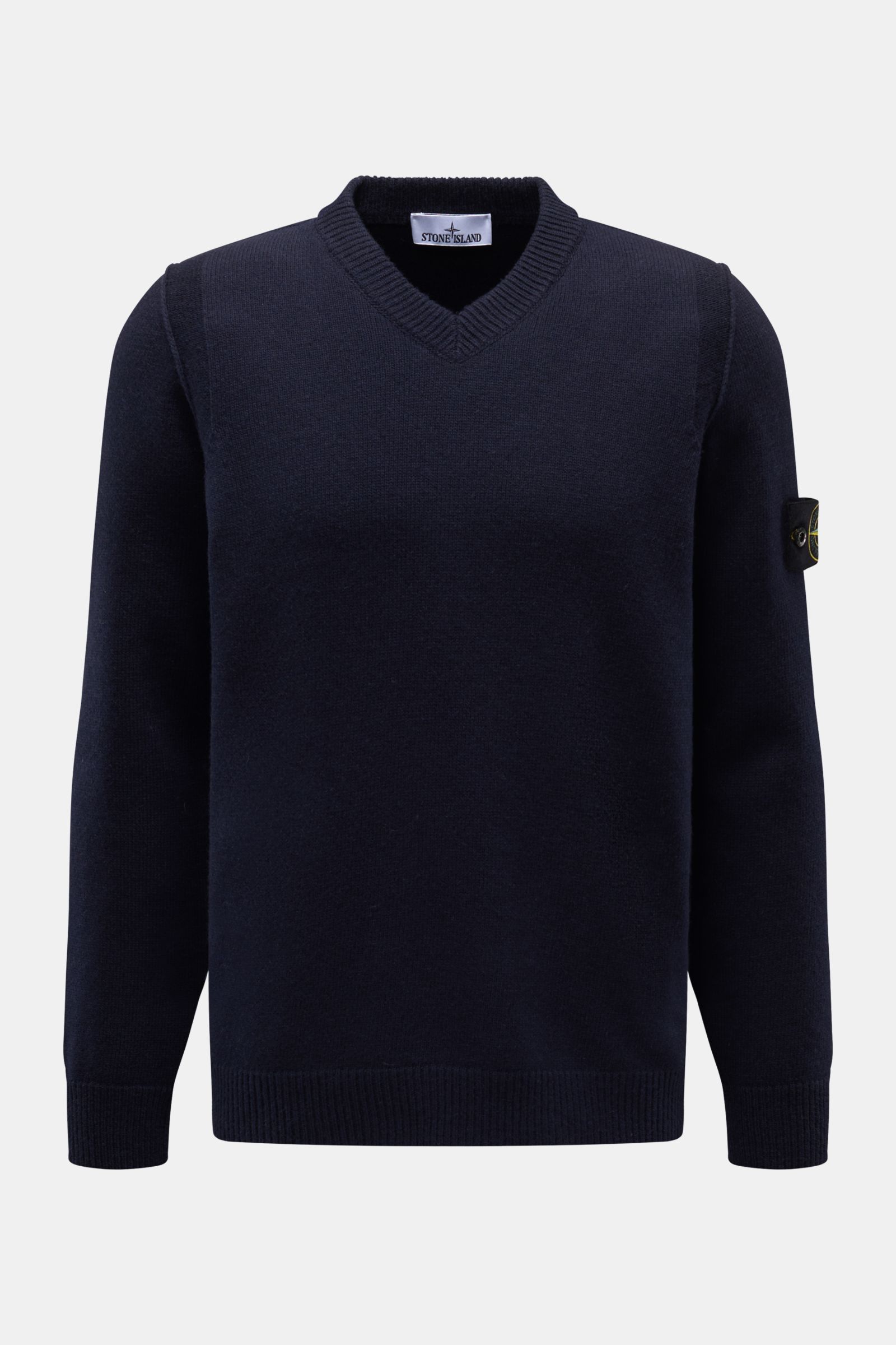 Stone Island V-Neck Pullover 'Lambswool' navy in front view, slim fit with V-neck, wool-microfiber knit, soft feel, ribbed cuffs, compass badge on sleeve.