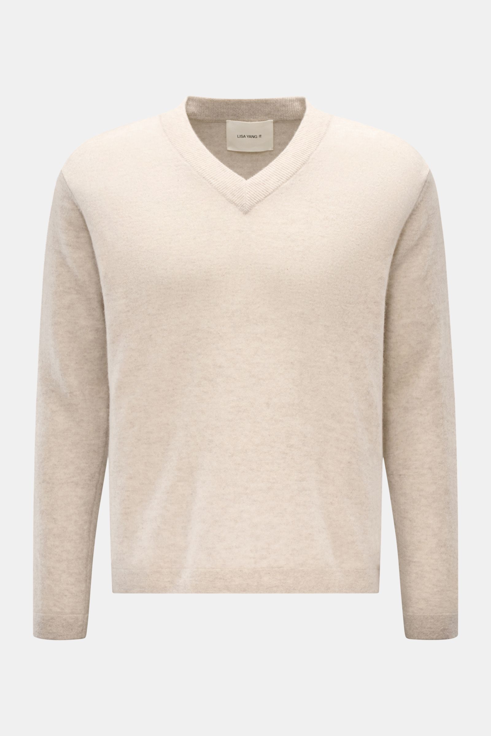 Lisa Yang Cashmere V-Neck-Pullover 'Clayton' sand meliert, Regular Fit, weicher Griff, V-Ausschnitt, kurze Saumschlitze, frontale Ansicht.