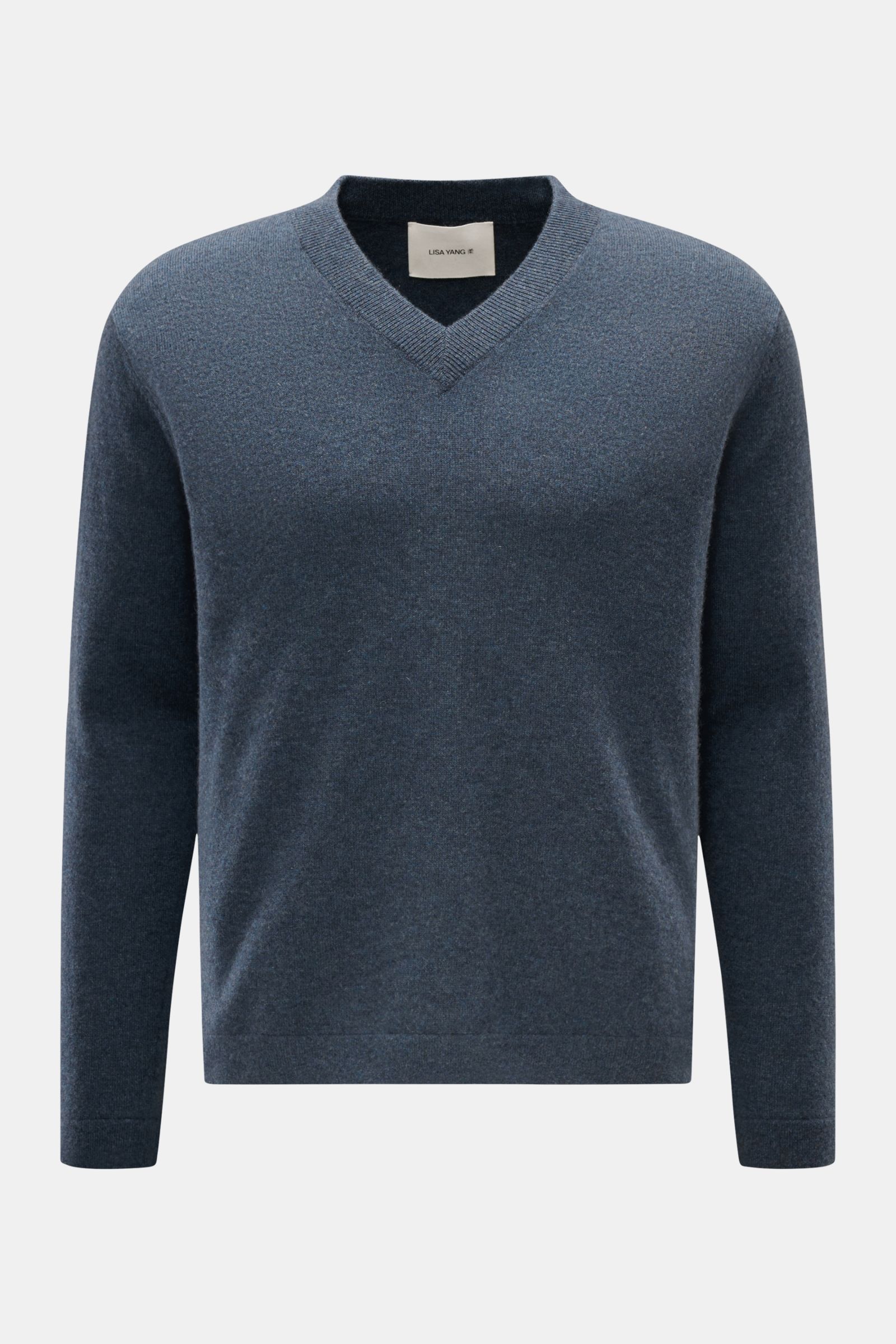 Front view of the Lisa Yang Cashmere V-neck jumper 'Clayton' grey-blue, showcasing its medium-fine knit, V-neck rib knit, and regular fit. The Clayton V-neck jumper by LISA YANG combines luxurious cashmere with a modern design in a regular fit and is a