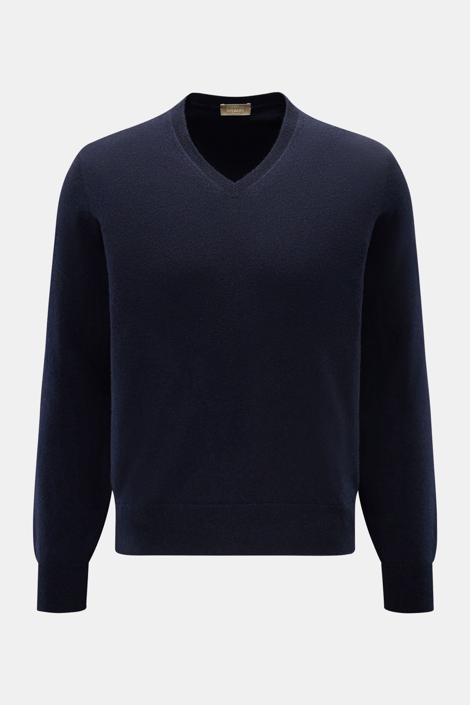 Cruciani Cashmere V-Neck Pullover navy, Slim Fit, feines Strickbild, V-Ausschnitt, geschmeidiger Griff, Rippbündchen, frontal fotografiert.