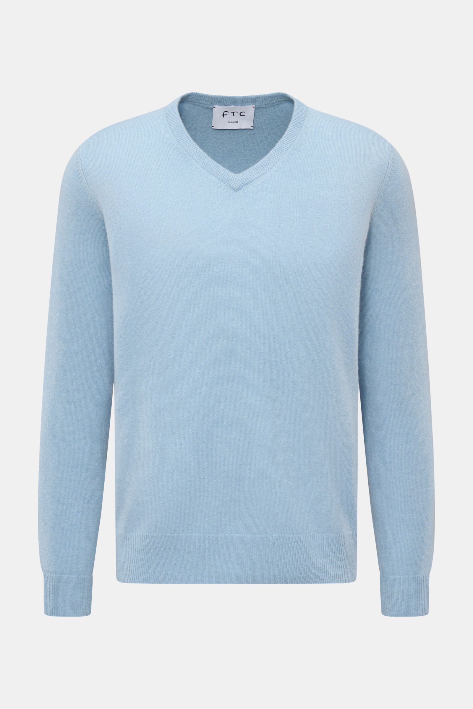 FTC Cashmere V-Neck Pullover hellblau, Frontansicht, Slim Fit, V-Ausschnitt, reiner Fair-Trade-Cashmere, weicher Griff, feines Strickbild, Rippbündchen.