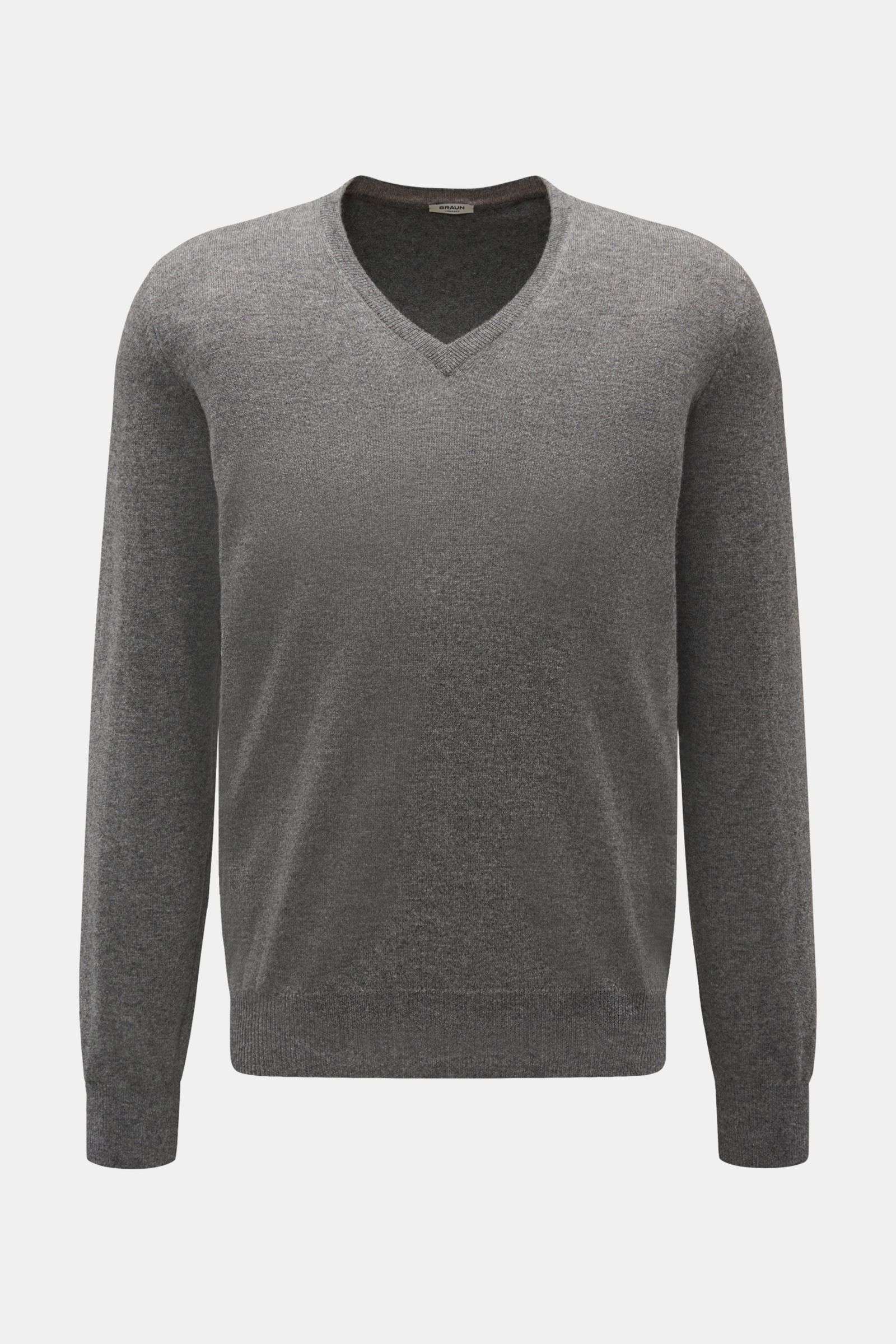 Gran Sasso V-Neck Pullover grau meliert, frontale Nahaufnahme, Regular Fit, weiches Materialmix aus Wolle, Viskose, Cashmere, feines Strickbild, komfortable Rippbündchen.